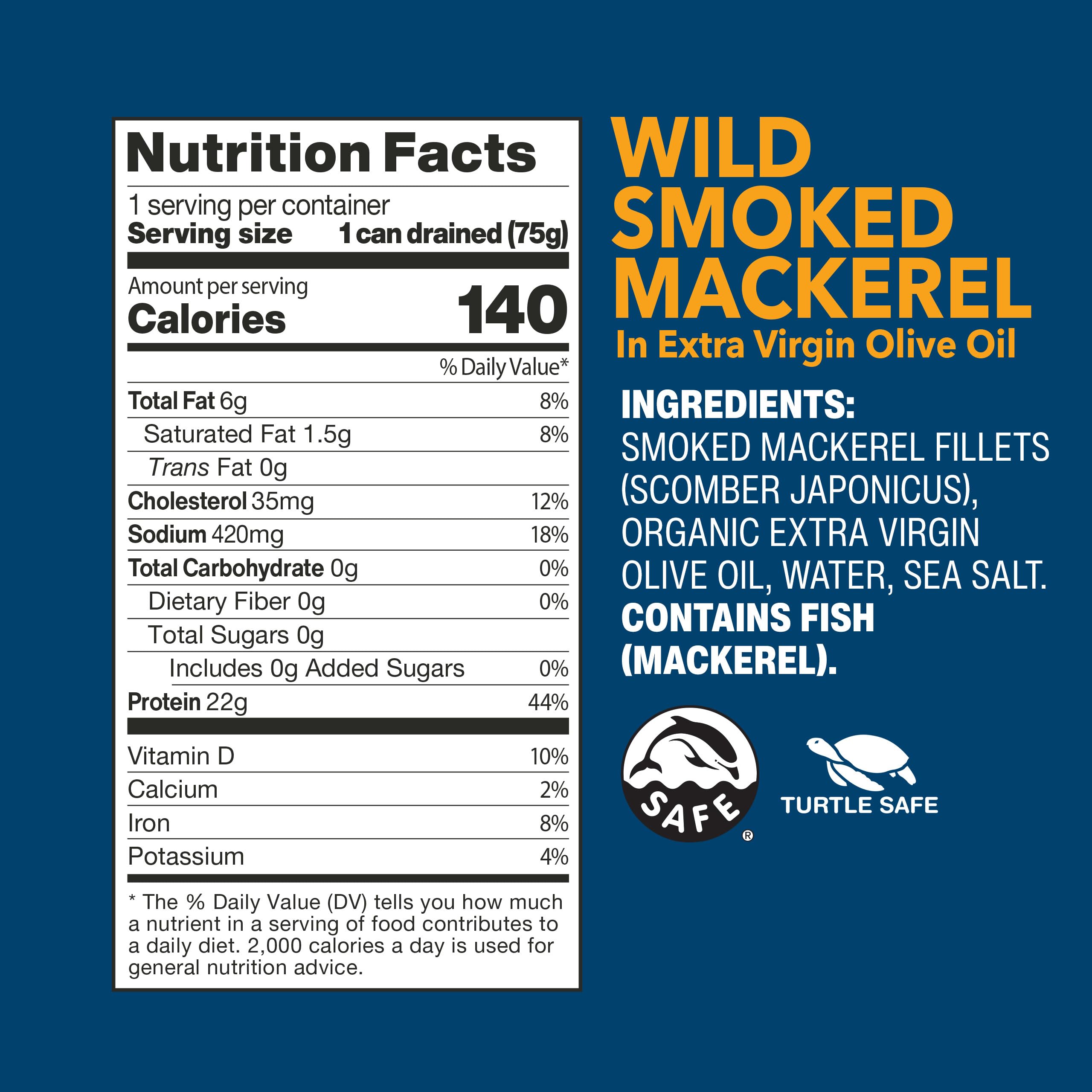 Wild Planet Wild Smoked Mackerel Fillets in Extra Virgin Olive Oil, Tinned Fish, Canned Salmon, Sustainably Wild-Caught, Non-GMO, Keto and Paleo, 3.9 oz