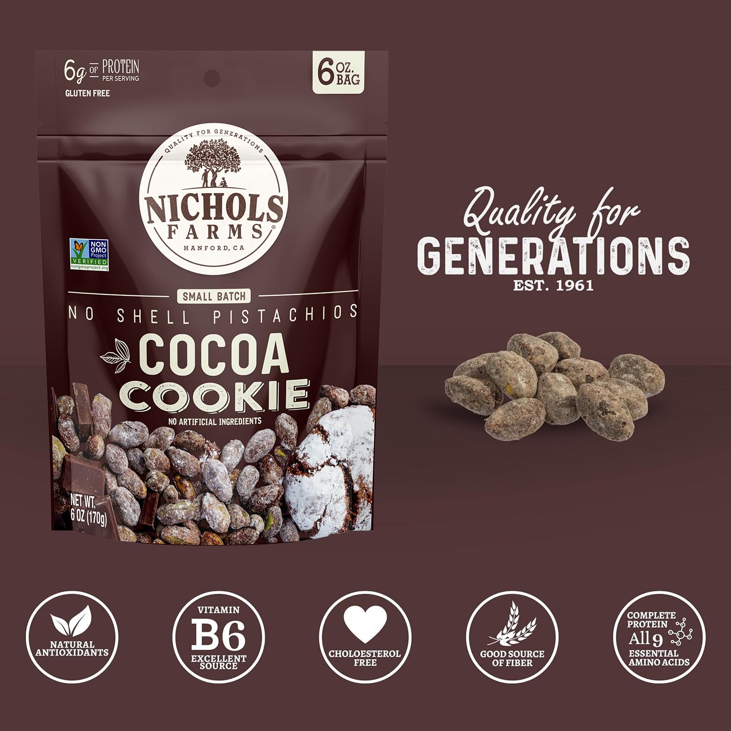 Nichols Farms Pistachios - Fresh and Crispy Roasted No Shell Pistachio - Low Calorie Nuts Snack Packs - Non-GMO, California Grown Nut Pistachios - Healthy, Lightly Salted, Low Cal Party Snack - 6 Oz