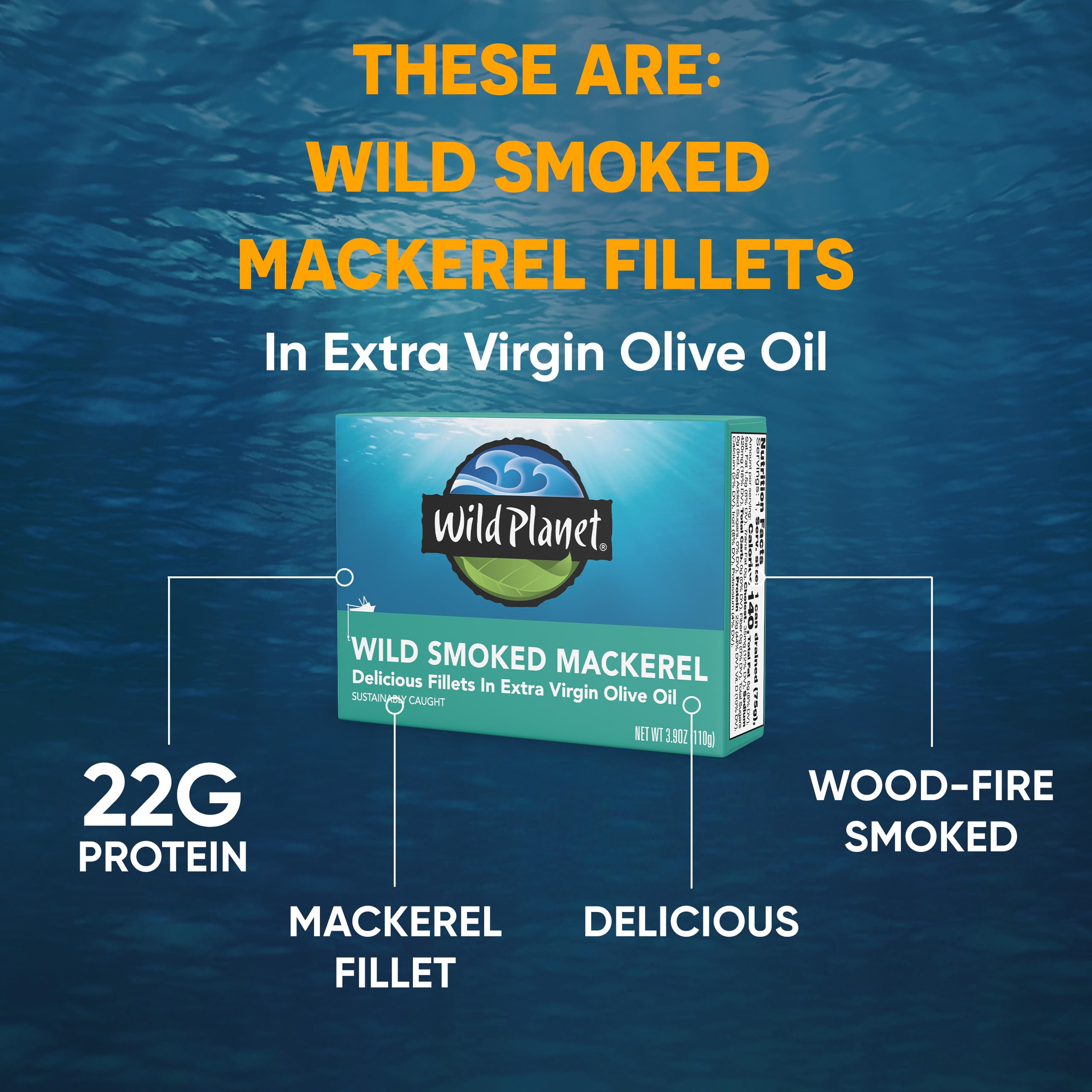Wild Planet Wild Smoked Mackerel Fillets in Extra Virgin Olive Oil, Tinned Fish, Canned Salmon, Sustainably Wild-Caught, Non-GMO, Keto and Paleo, 3.9 oz