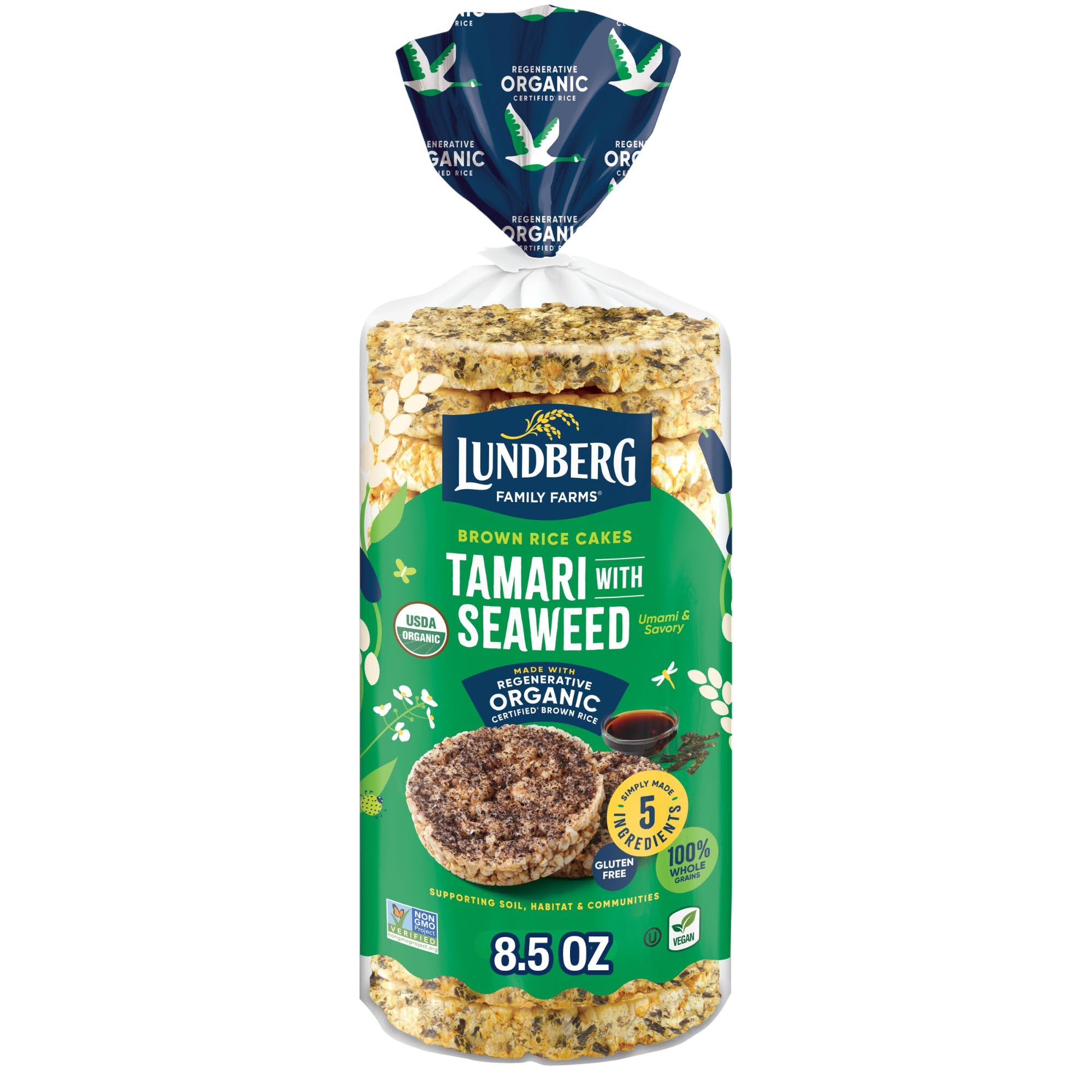 Lundberg Organic Brown Rice Cakes, Tamari with Seaweed, 8.5oz, Gluten-Free, Vegan, USDA Certified Organic, Non-GMO Verified, Kosher, Whole Grain Brown Rice
