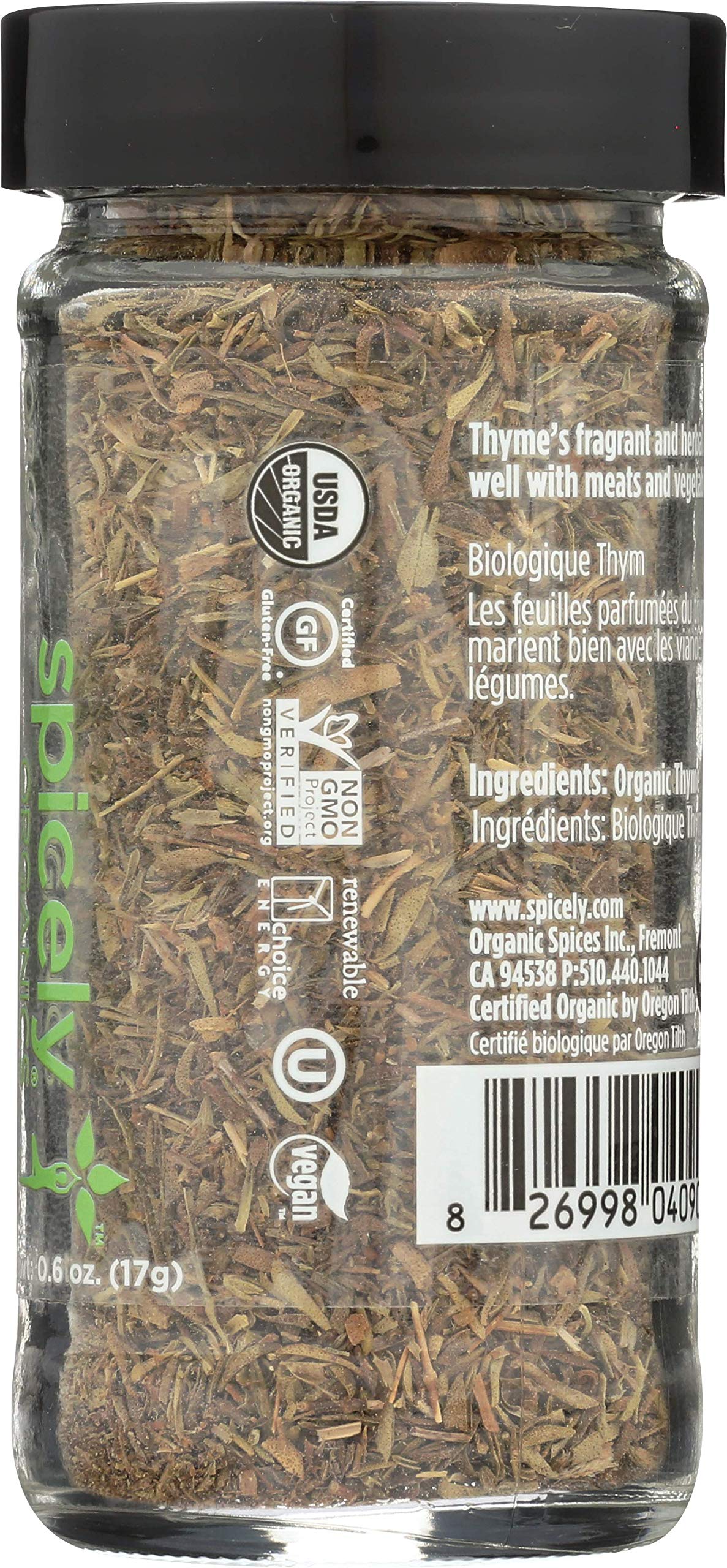 Spicely Organic Thyme 0.60 Ounce Jar Certified Gluten Free