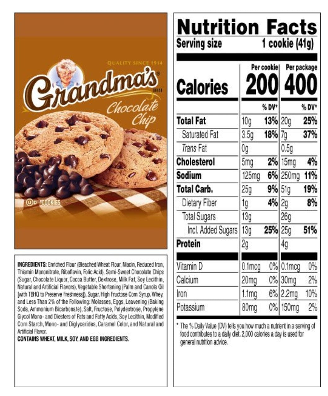 Grandma's Cookies Chocolate Chip Flavored 8 cookies 2 Per Pack (pack of 4)