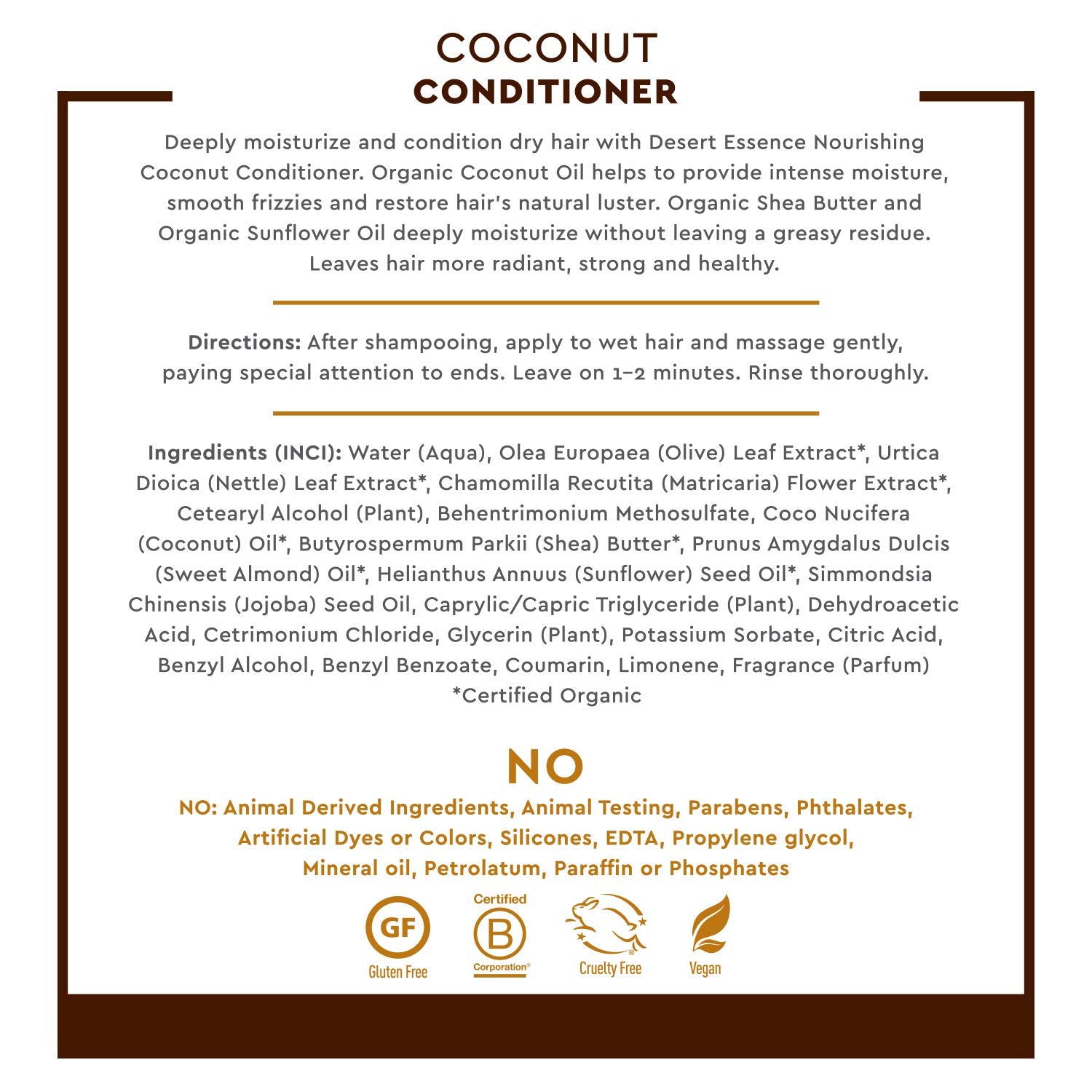 Desert Essence Coconut Conditioner - 8 fl oz - Nourishing for dry hair, smooth frizz and restore moisture and shine with Organic Coconut Oil, Shea Butter, and Sunflower Oil