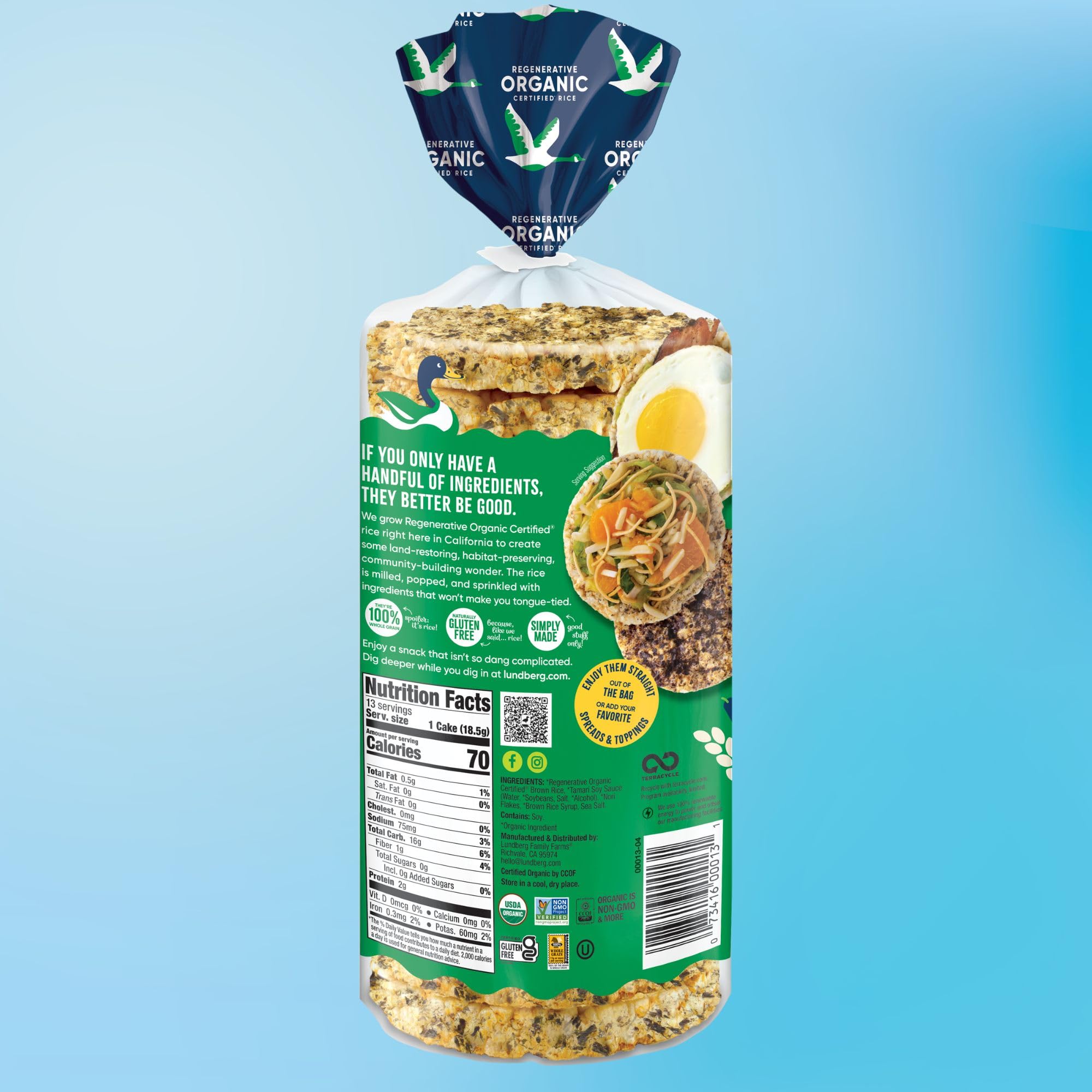 Lundberg Organic Brown Rice Cakes, Tamari with Seaweed, 8.5oz, Gluten-Free, Vegan, USDA Certified Organic, Non-GMO Verified, Kosher, Whole Grain Brown Rice