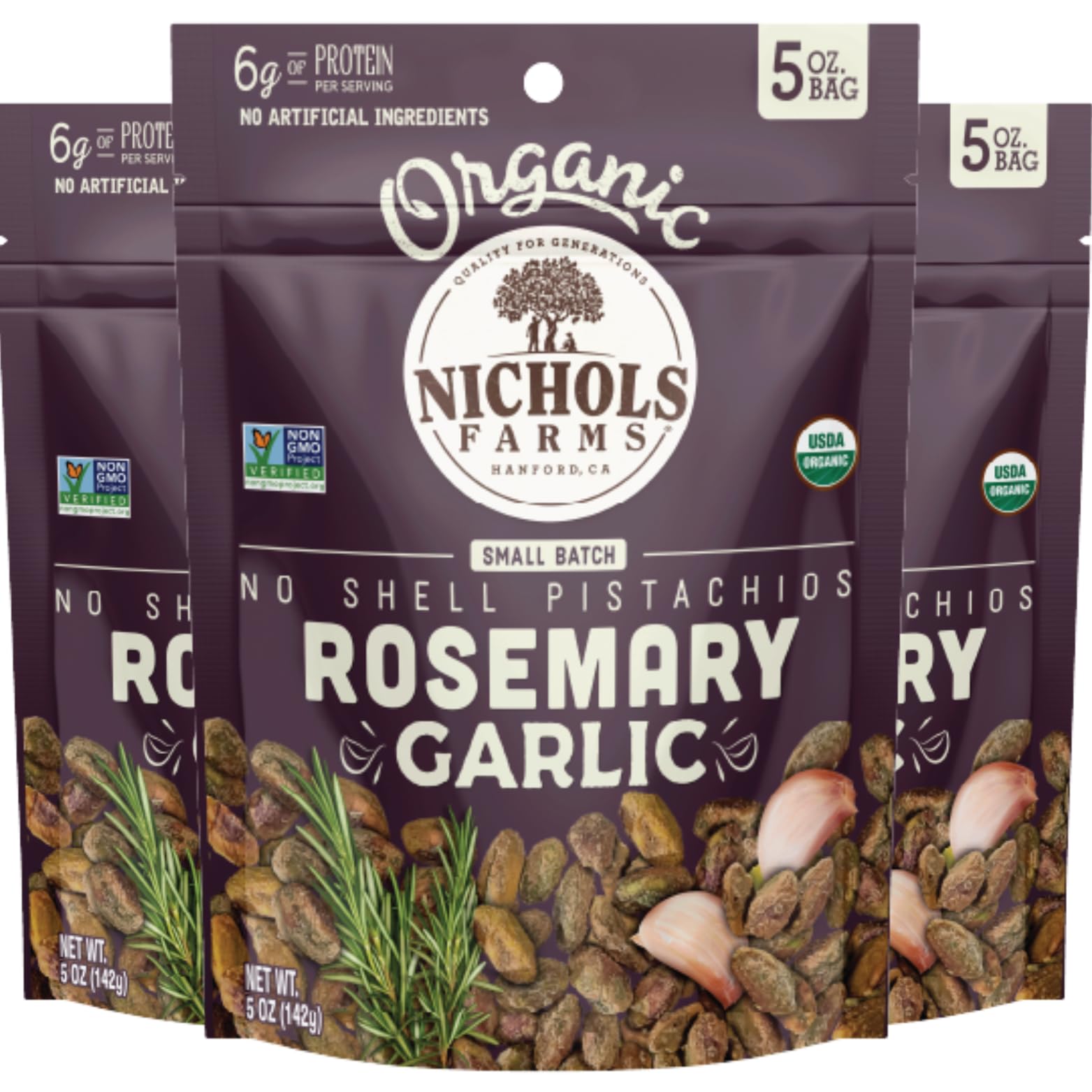 Nichols Farms Pistachios - Fresh and Crispy Roasted No Shell Pistachio - Low Calorie Nuts Snack Packs - Non-GMO, California Grown Nut Pistachios - Healthy, Lightly Salted, Low Cal Party Snack - 6 Oz