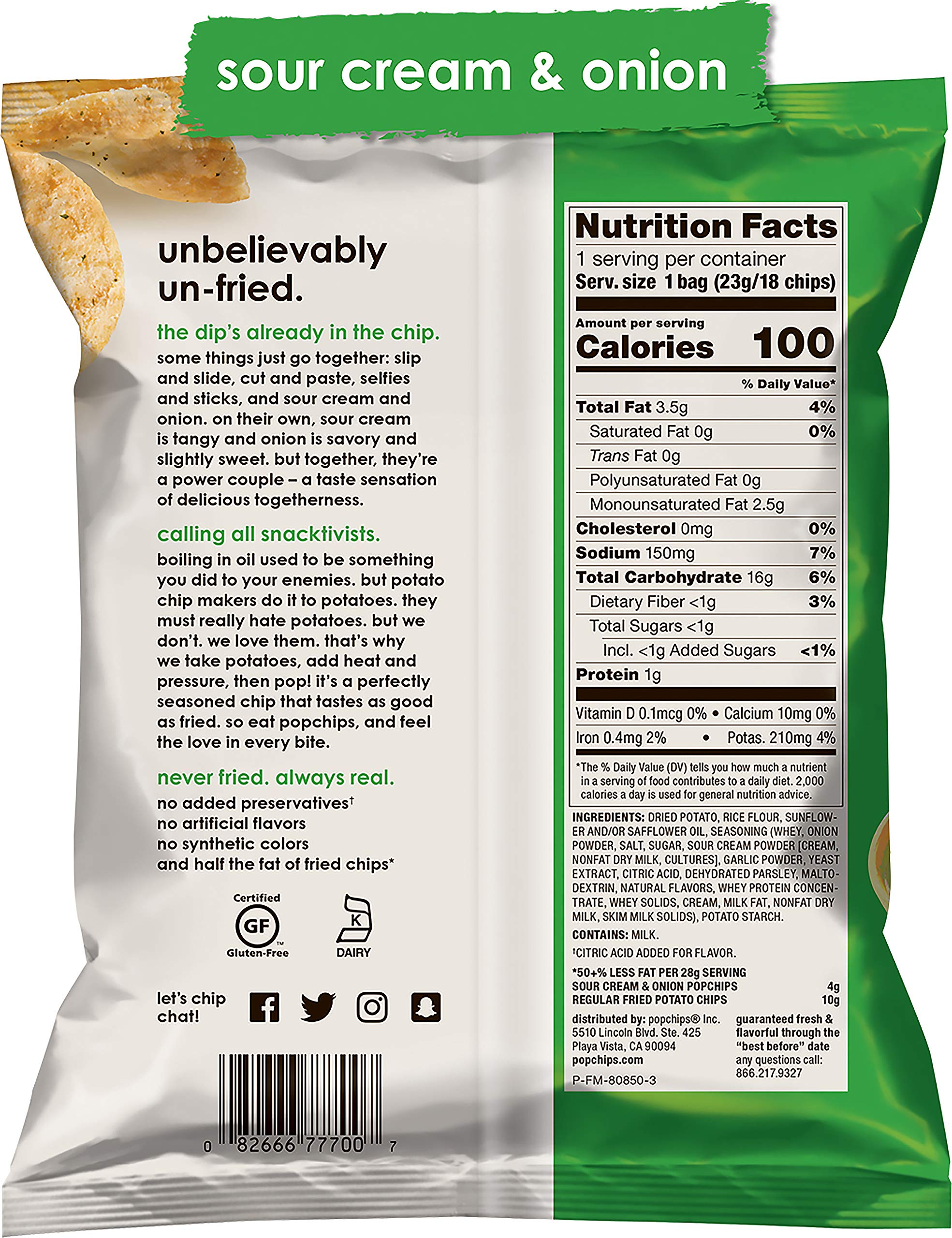 Popchips Sour Cream & Onion Potato Chips Single Serve 0.8 oz Bags (Pack of 24)