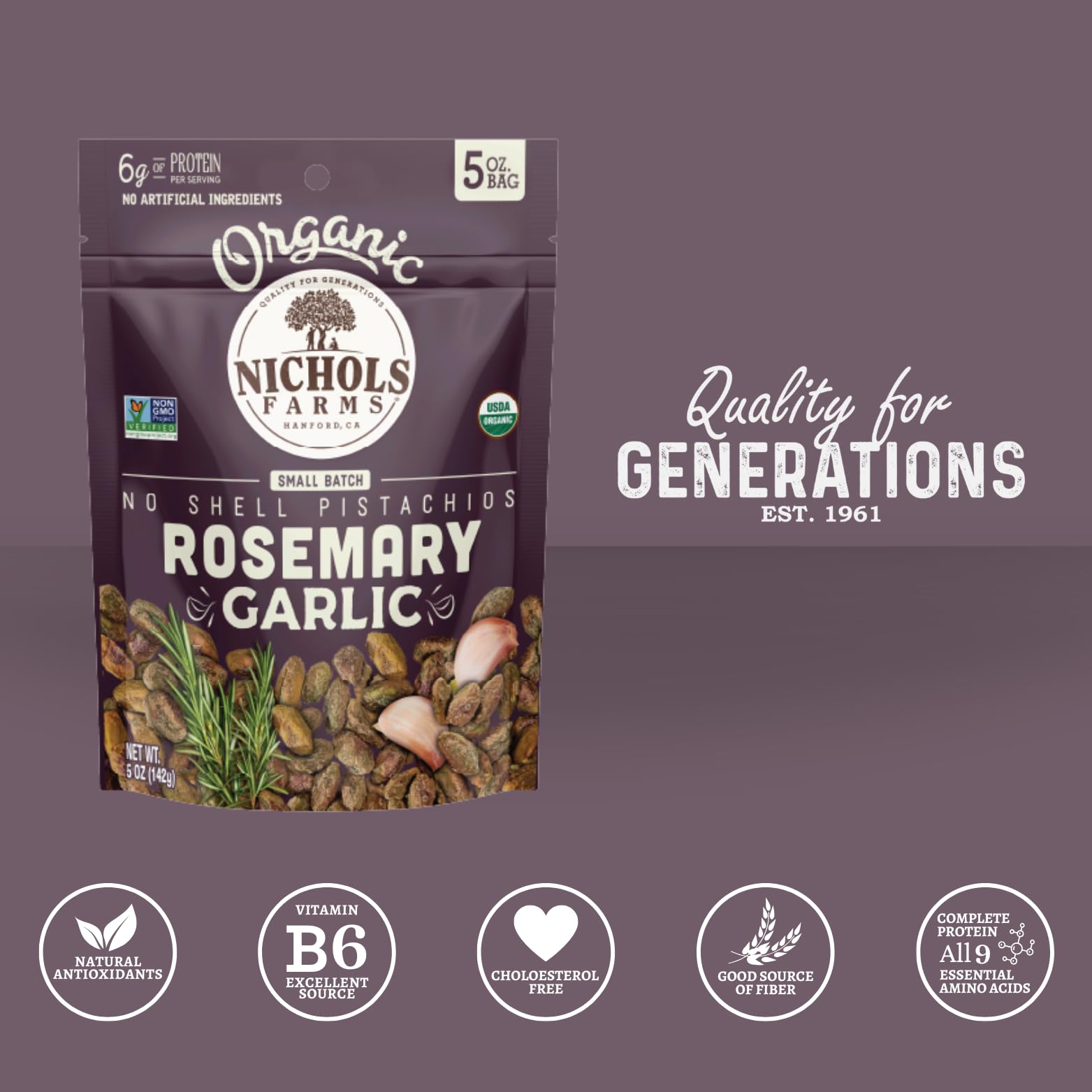 Nichols Farms Pistachios - Fresh and Crispy Roasted No Shell Pistachio - Low Calorie Nuts Snack Packs - Non-GMO, California Grown Nut Pistachios - Healthy, Lightly Salted, Low Cal Party Snack - 6 Oz