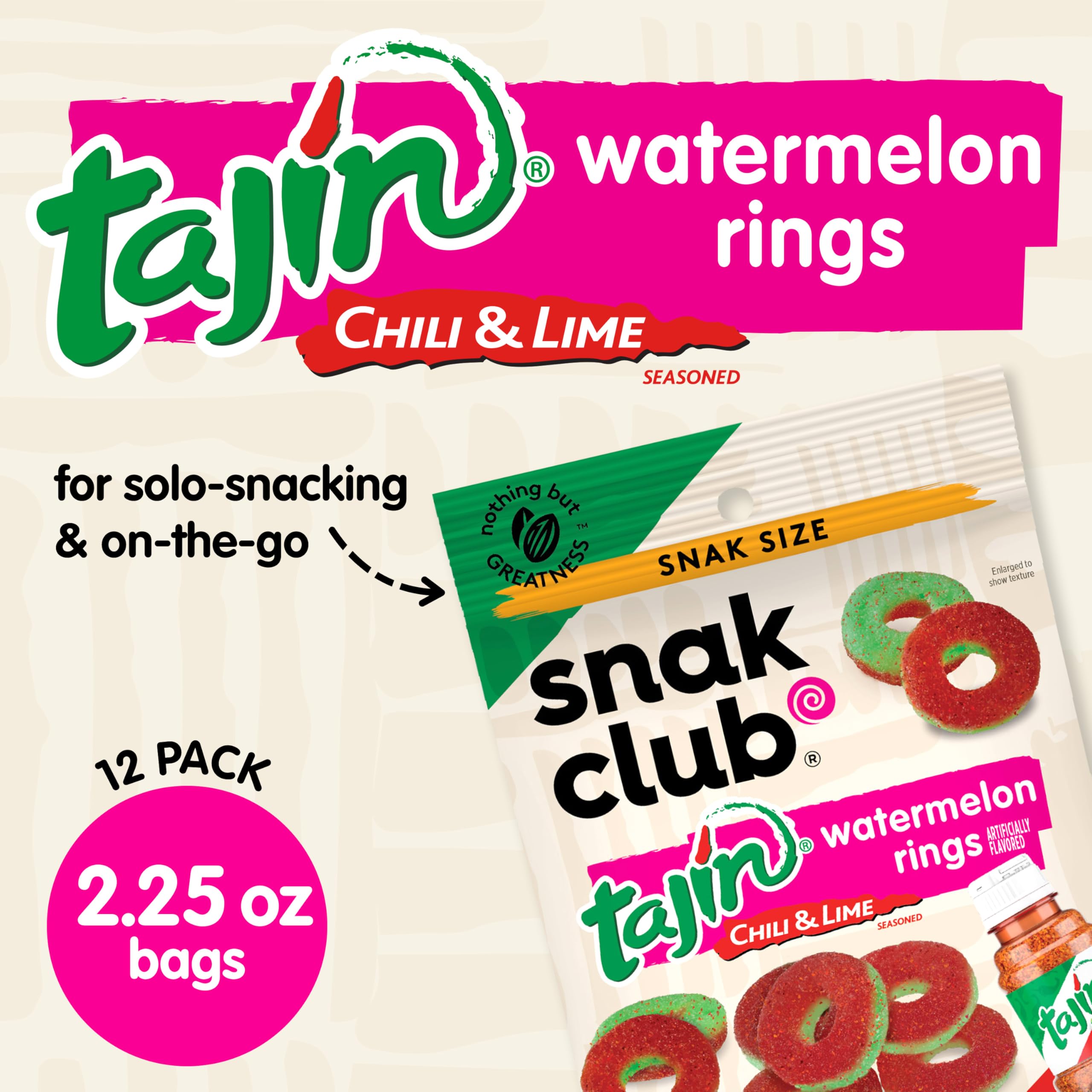 Snak Club Tajin Gummy Candy Fruit Rings, Gummies with Chili and Lime Seasoning, Mild Spice, Gluten-Free and Vegan Snacks