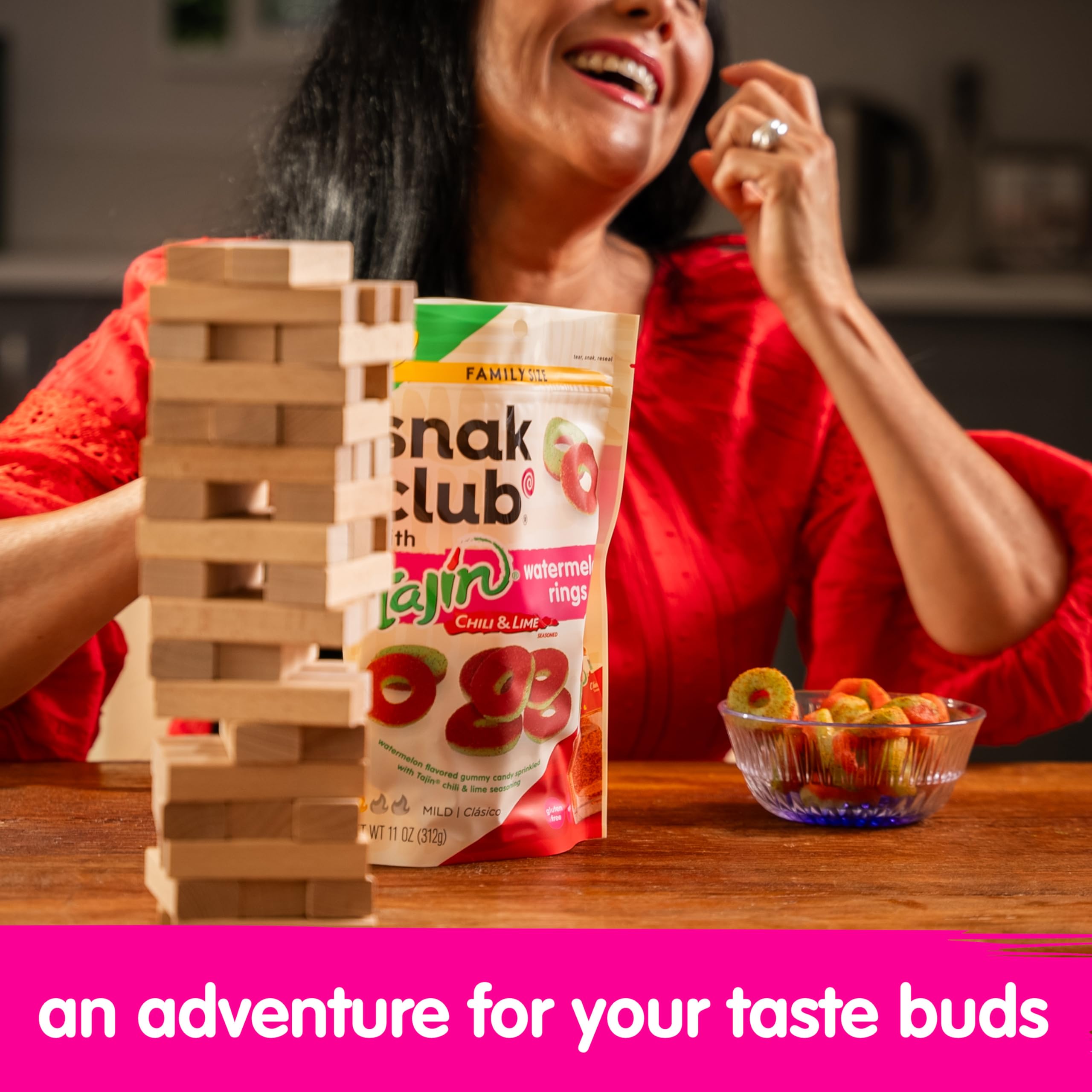 Snak Club Tajin Gummy Candy Fruit Rings, Gummies with Chili and Lime Seasoning, Mild Spice, Gluten-Free and Vegan Snacks