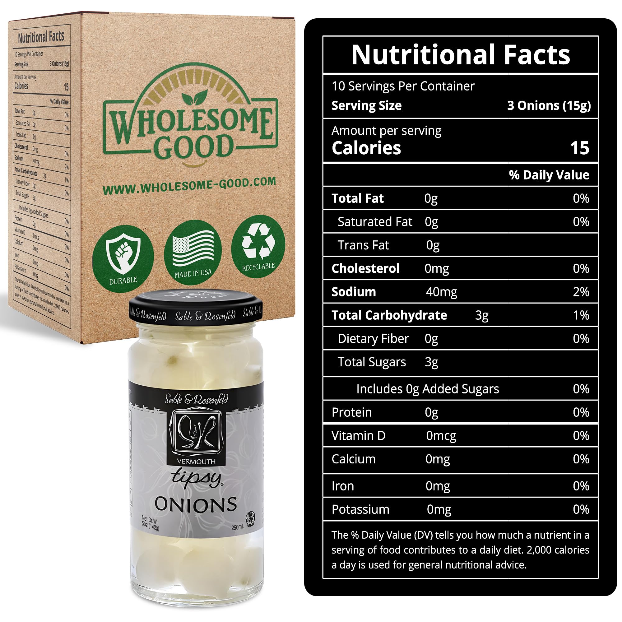 Tipsy Cocktail Onions in Jar with French Vermouth - Pickled Silverskin Onions for Cocktails, Appetizers, and Hors d'Oeuvres, Kosher Parve - Sable & Rosenfeld - 5 oz