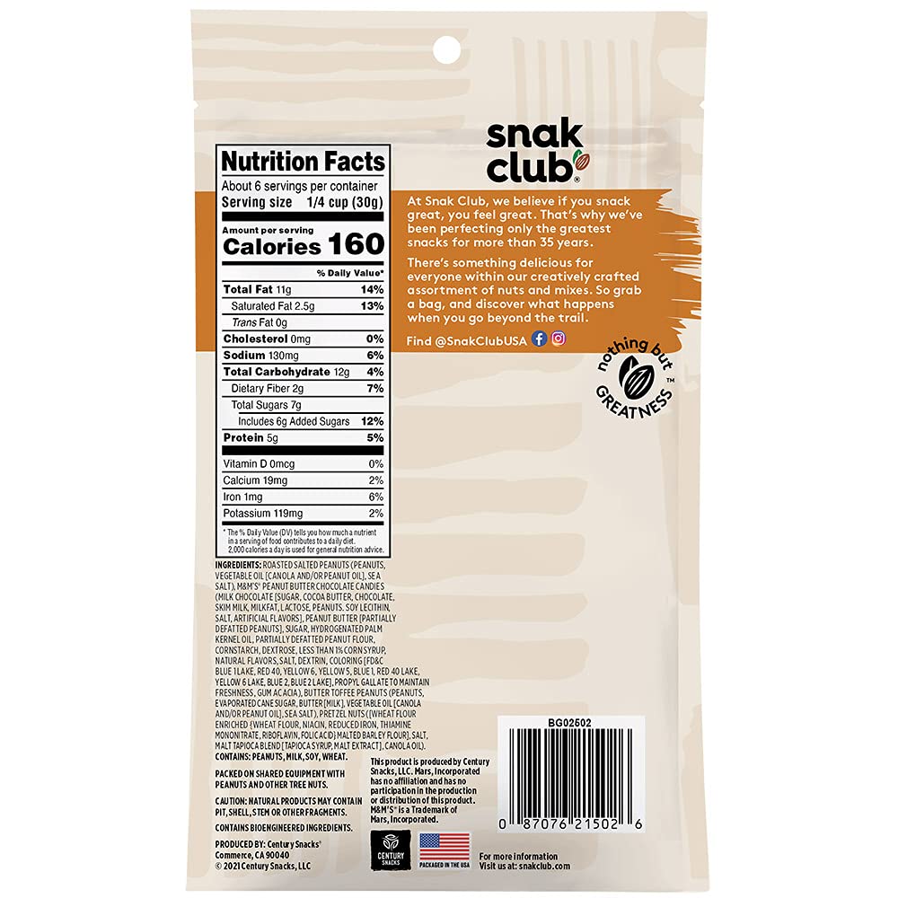 Snak Club Trail Mix, Sweet & Salty Snacks with Roasted Salted Peanuts, M&M'S Peanut Butter Chocolate Candies, Butter Toffee Peanuts & Pretzels, Perfect Snack Mix, 6 oz Resealable Bag (1 Count)