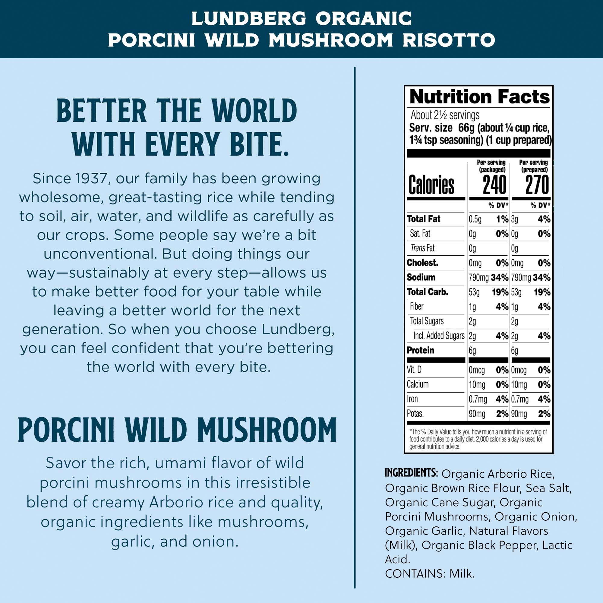 Lundberg Family Farms - Traditional Italian Risotto, Porcini Wild Mushroom, Convenient Side Dish, 20 Minute Cook Time, Pantry Staple, Non-GMO, Gluten-Free, USDA Certified Organic (5.9 oz, 6-Pack)