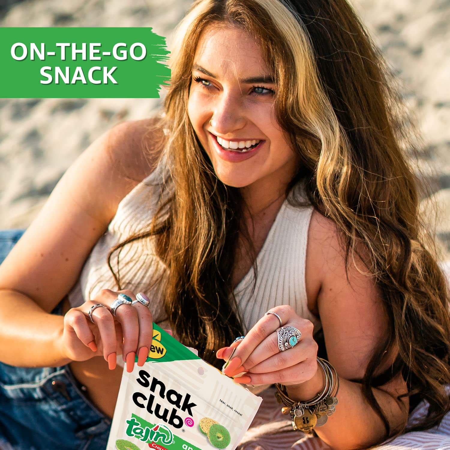 Snak Club Tajin Gummy Candy Fruit Rings, Gummies with Chili and Lime Seasoning, Mild Spice, Gluten-Free and Vegan Snacks