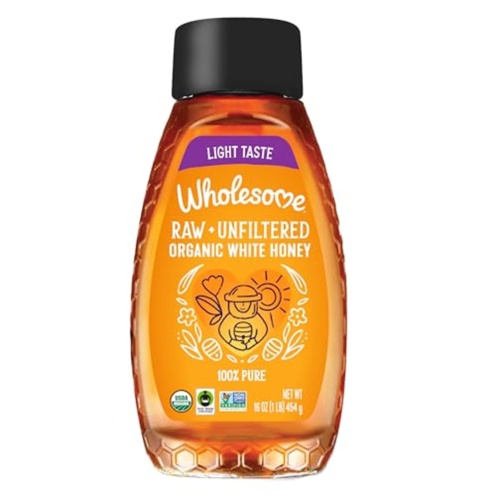 Wholesome Sweeteners 16-Ounce Organic Raw Unfiltered White Honey Bottle, 100% Pure, Fair Trade Certified, Non GMO Project Verified, & Gluten Free Sweetener, 1 Pack