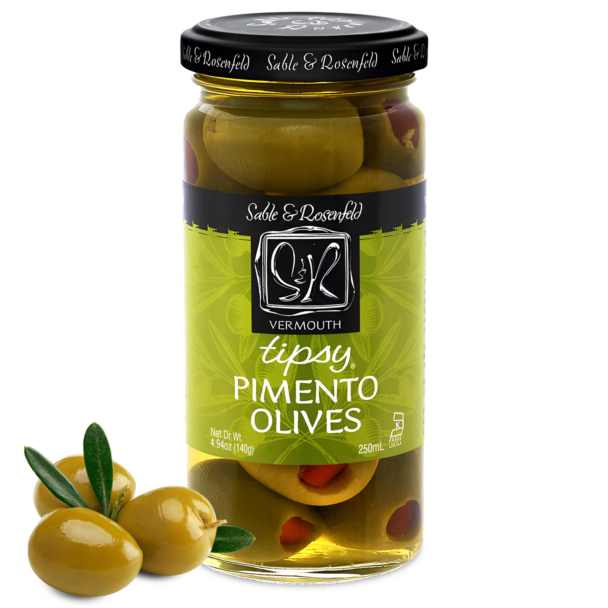 Tipsy Green Olives Stuffed with Pimento - Martini Stuffed Colossal Cocktail Olives with French Vermouth for Bloody Mary Condiments - Sable & Rosenfeld