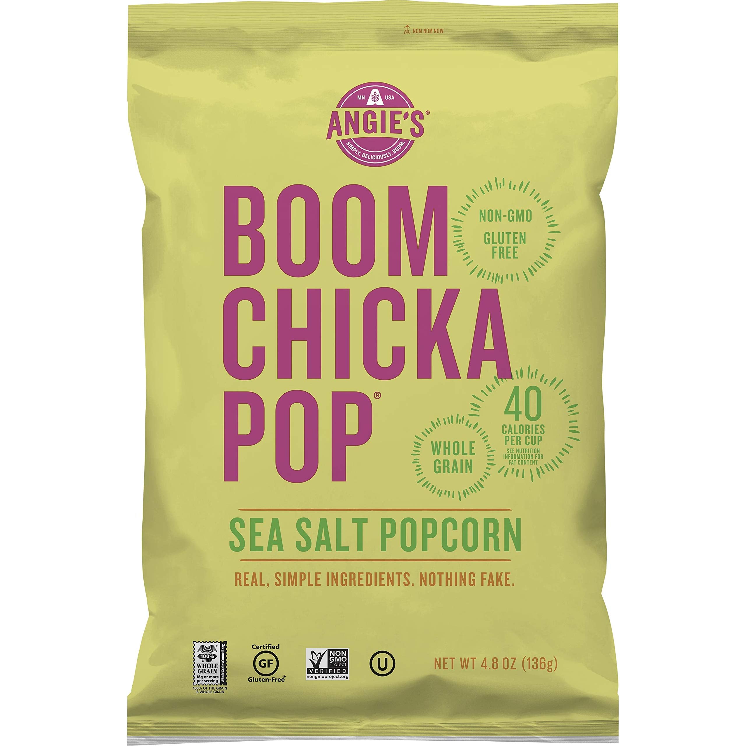 Angie's BOOMCHICKAPOP Sea Salt Popcorn, 4.8 oz Bag, Pack of 12