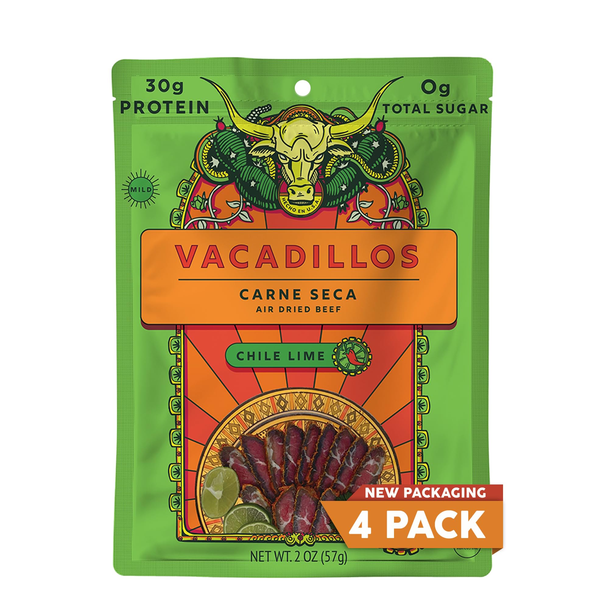 Vacadillos - High Protein Carne Seca | 30g Protein, Sugar Free, Carbs Free, Gluten Free, Dairy Free, Keto & Paleo Friendly | Mexican Inspired Beef Jerky Snack