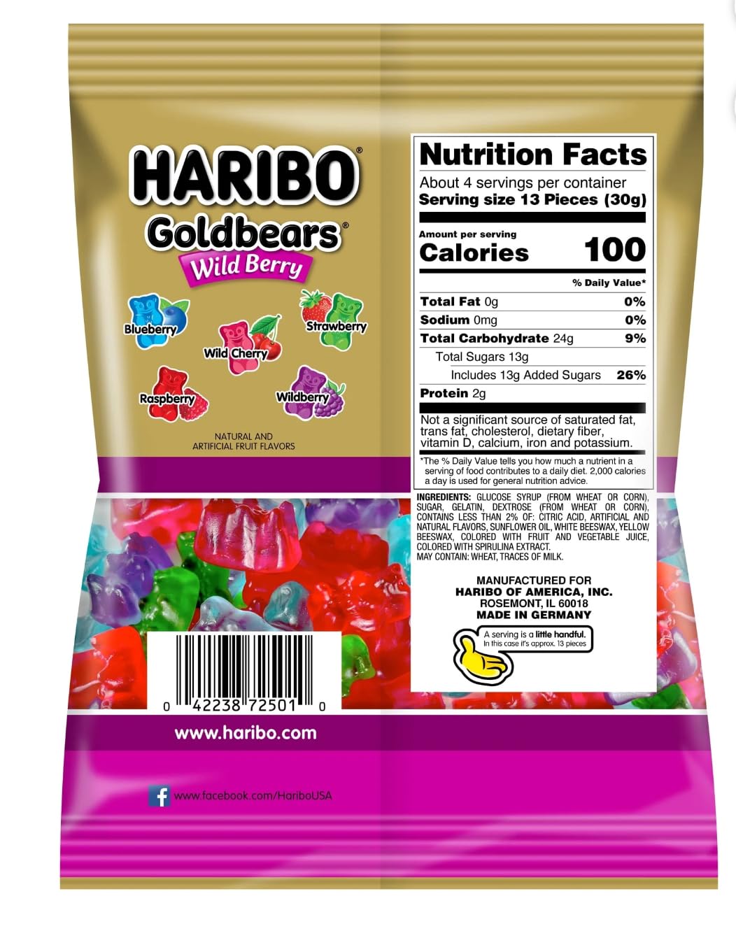 HARIBO Goldbears Wild Berry Gummi Candy, Fruit Flavored, 5 oz Share Size Bag (4 PACK)