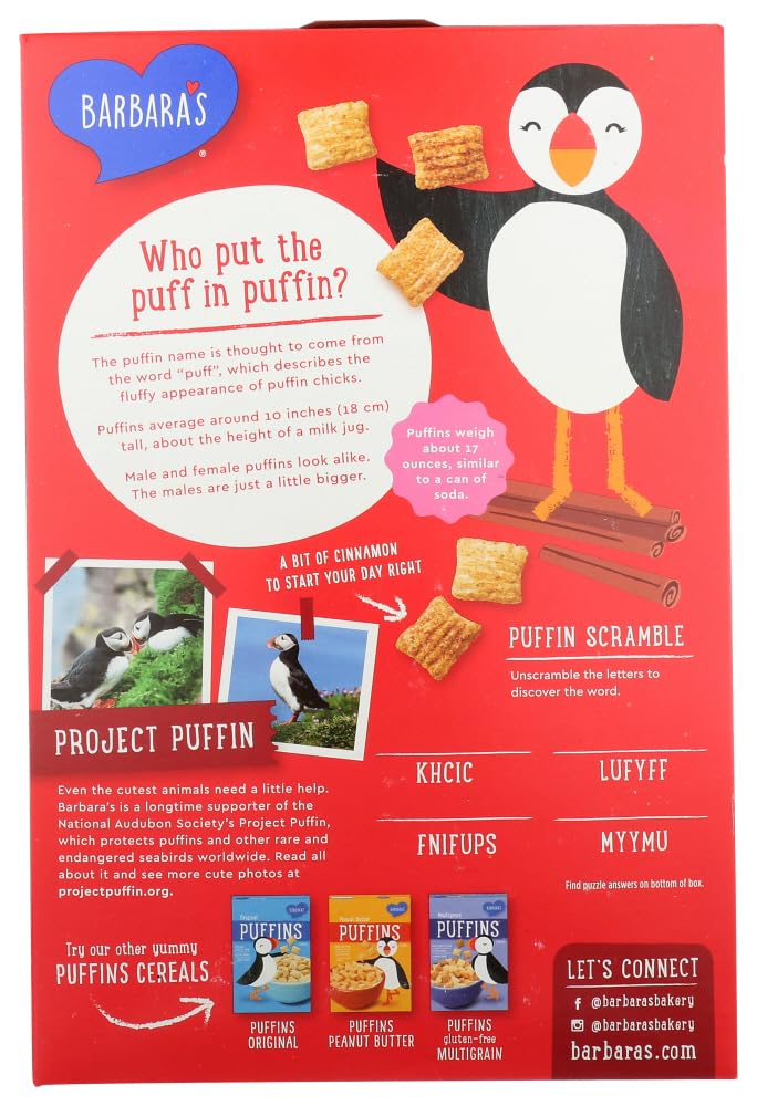Barbara's Bakery Cinnamon Puffins Cereal, 10-ounce Boxes