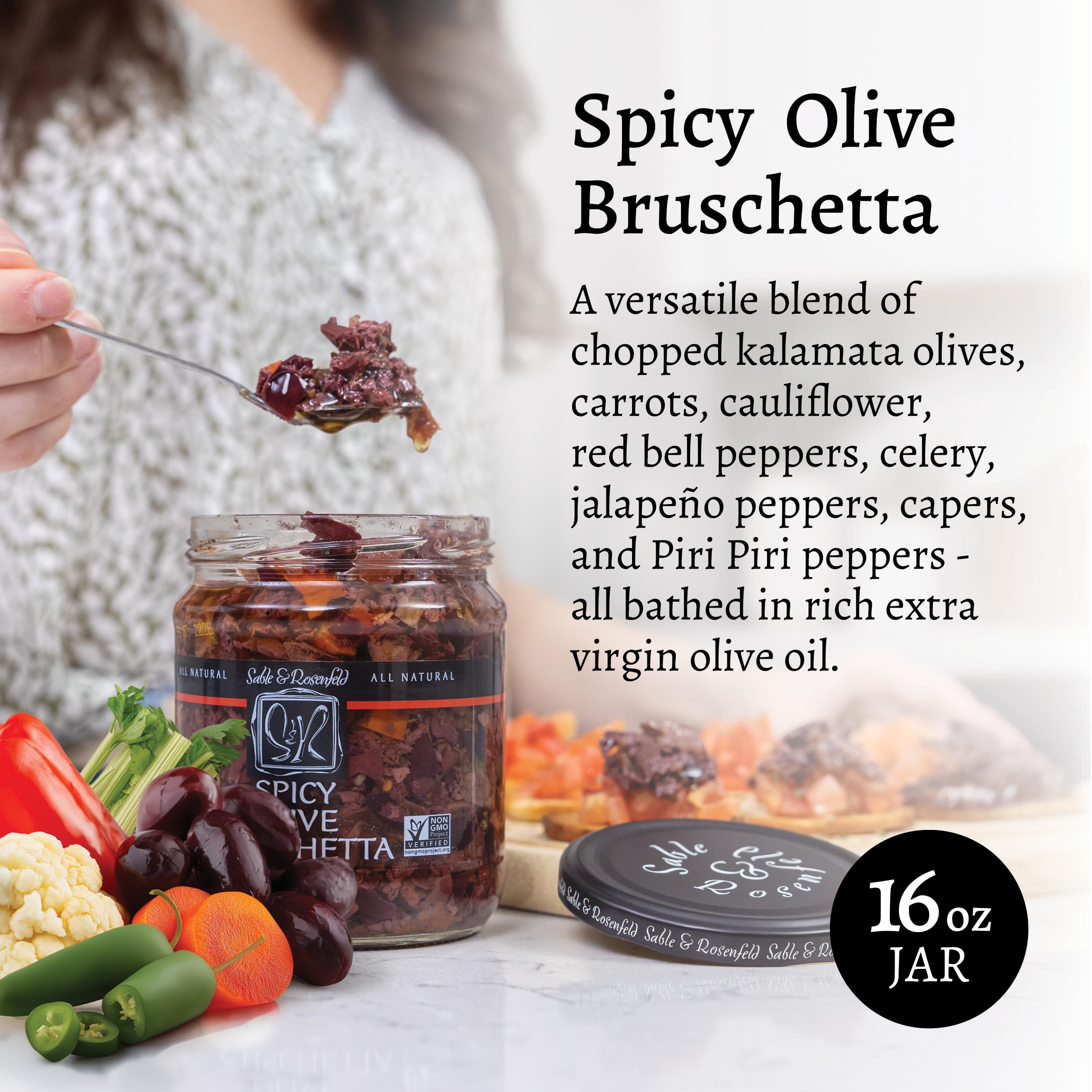 Mediterranean Olive Bruschetta - Gluten-Free Sandwich Spread with Olive Oil for Muffuletta, Sandwiches, Dips, Crackers, Salads, & Appetizers, Kosher - Sable & Rosenfeld