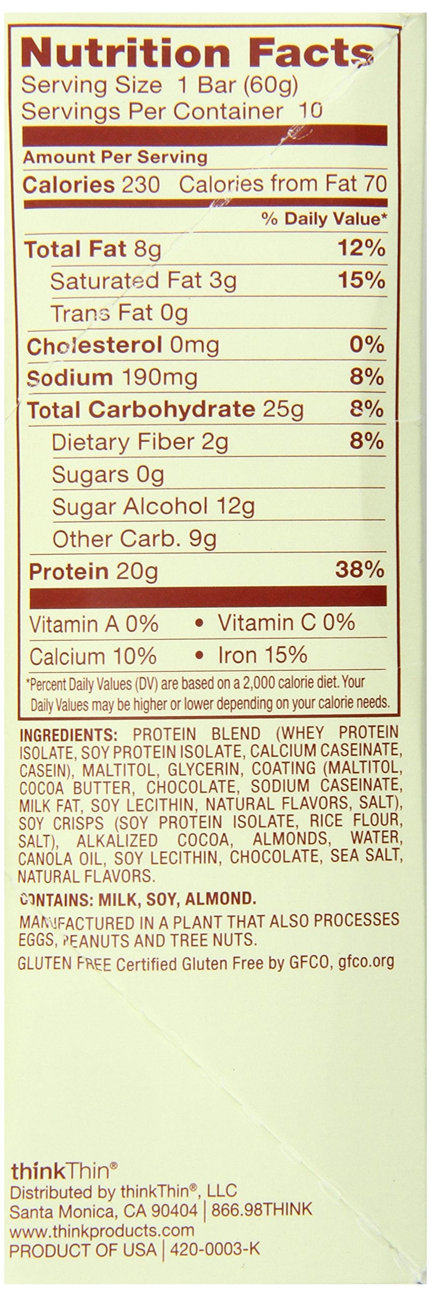 ThinkThin High Protein Bar, Brownie Crunch, 60 g, Bars, 10 Count