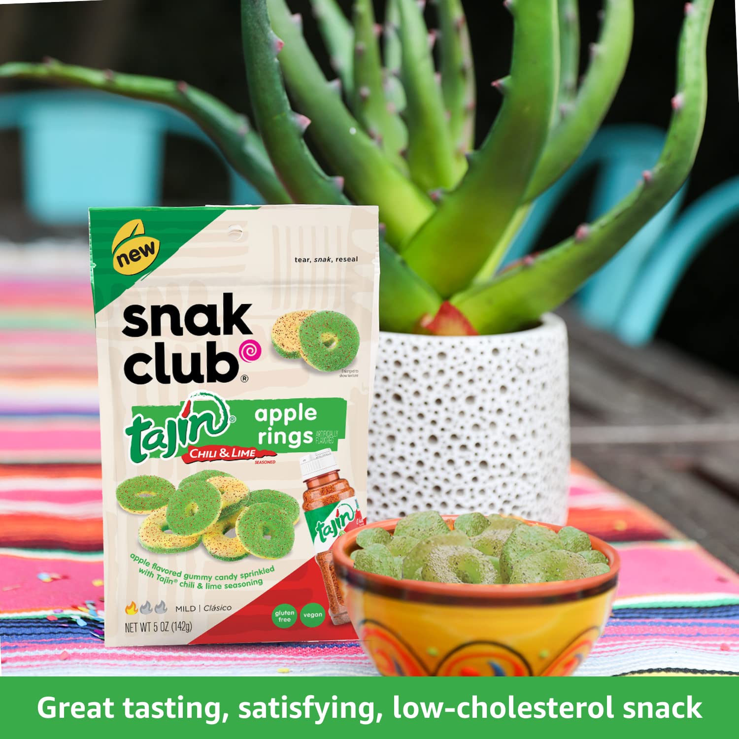Snak Club Tajin Gummy Candy Fruit Rings, Gummies with Chili and Lime Seasoning, Mild Spice, Gluten-Free and Vegan Snacks
