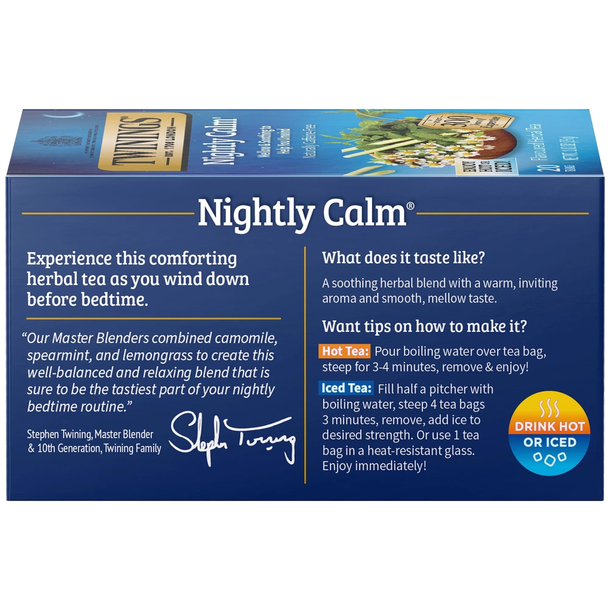 Caffeine Free Flavored Herbal Tea - Nightly Calm (Camomile, Spearmint & Lemongrass) - 20 ct (Pack of 3)