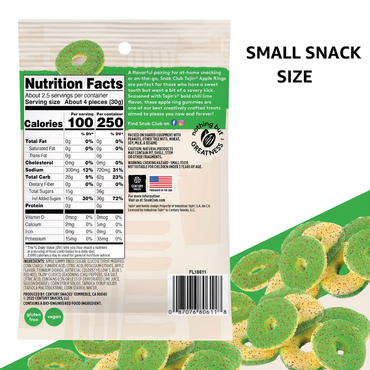 Snak Club Tajin Gummy Candy Fruit Rings, Gummies with Chili and Lime Seasoning, Mild Spice, Gluten-Free and Vegan Snacks