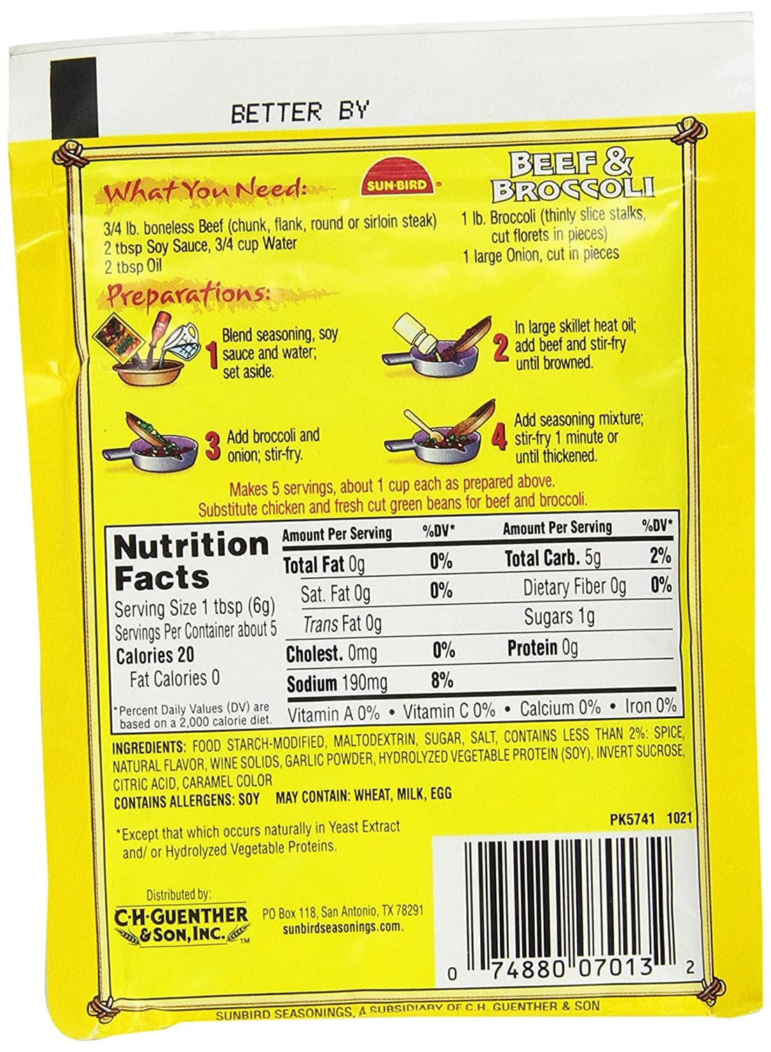 Sun Bird Sun-Bird Beef & Broccoli Asian Seasoning Mix 1 oz (28 g) (Pack of 6)