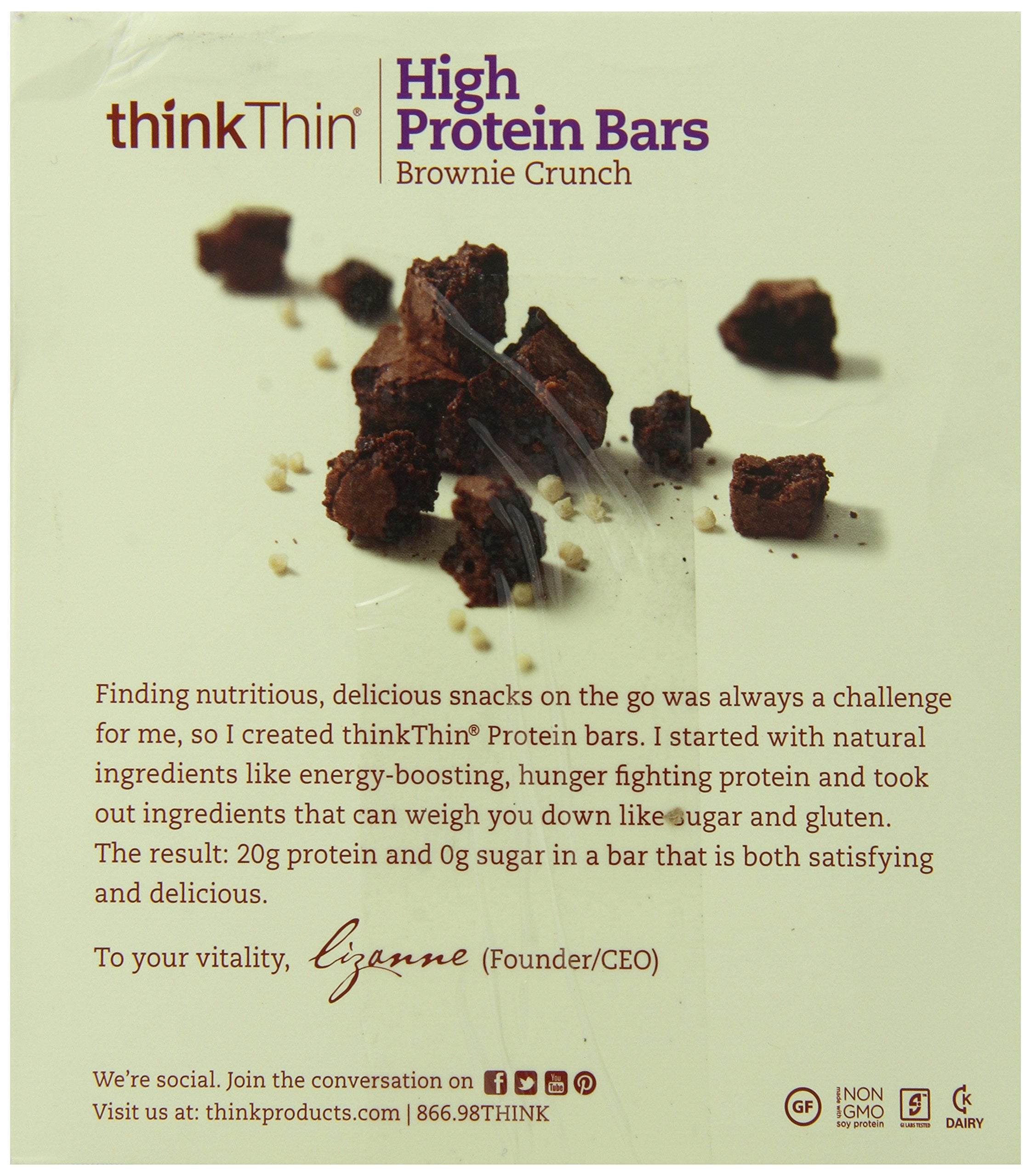 ThinkThin High Protein Bar, Brownie Crunch, 60 g, Bars, 10 Count