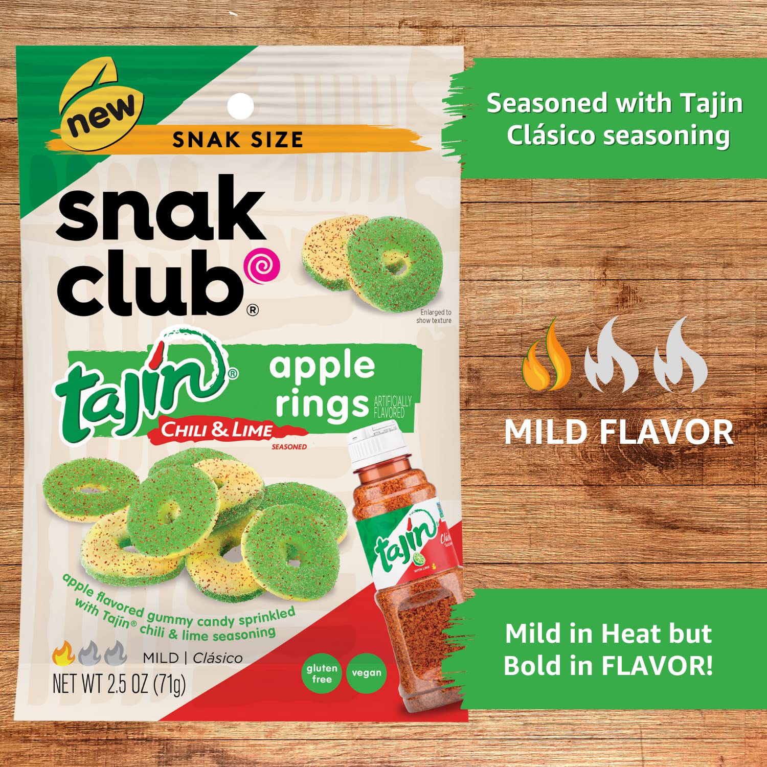 Snak Club Tajin Gummy Candy Fruit Rings, Gummies with Chili and Lime Seasoning, Mild Spice, Gluten-Free and Vegan Snacks