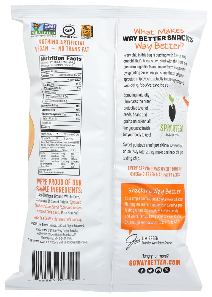 Way Better Snacks Whole Grain Corn Tortilla Chips Sweet Potato -- 5.5 oz - 2 pc