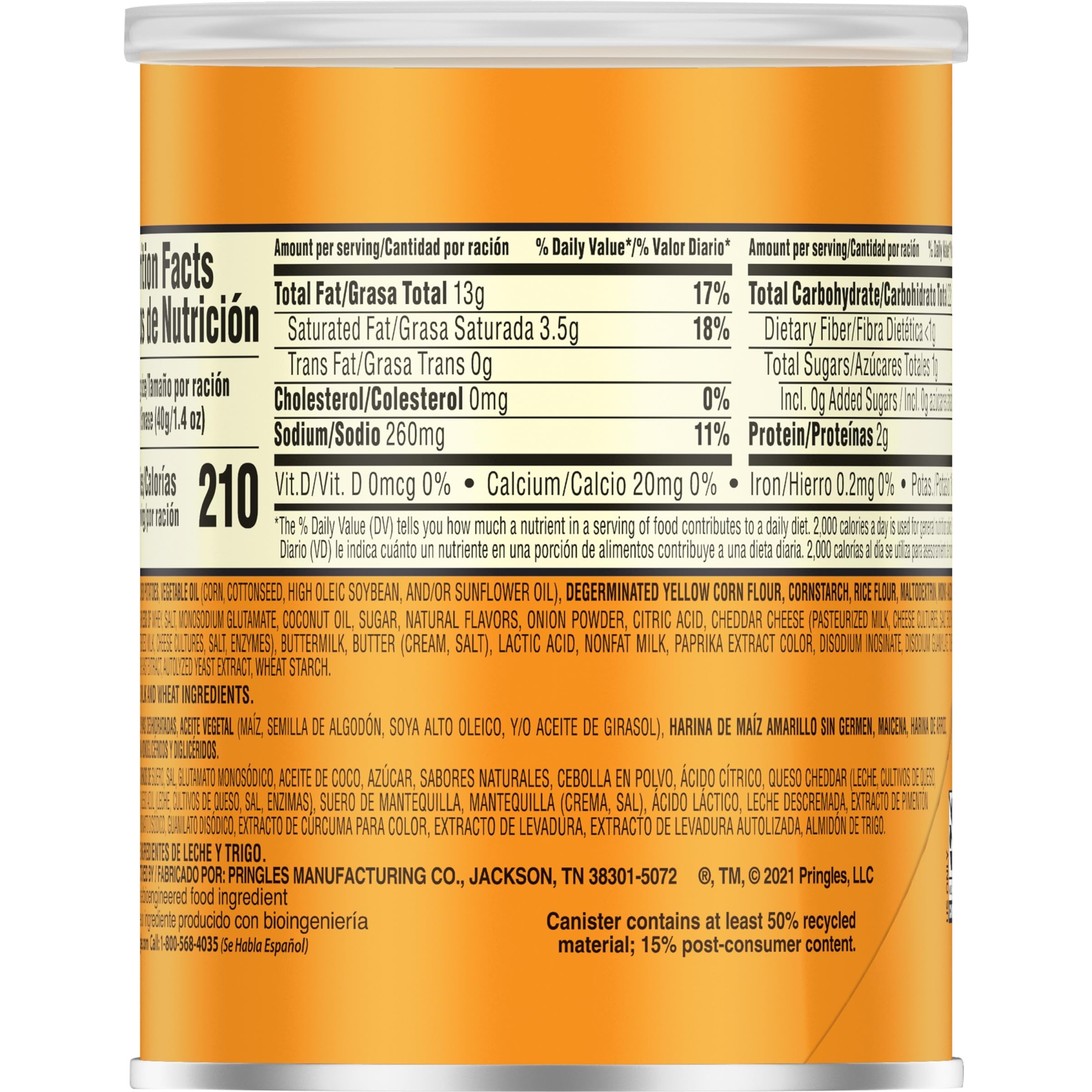 Pringles Potato Crisps Chips, Lunch Snacks, Office and Kids Snacks, Grab N' Go Pack, Cheddar Cheese, 1.4oz Can (1 Can)