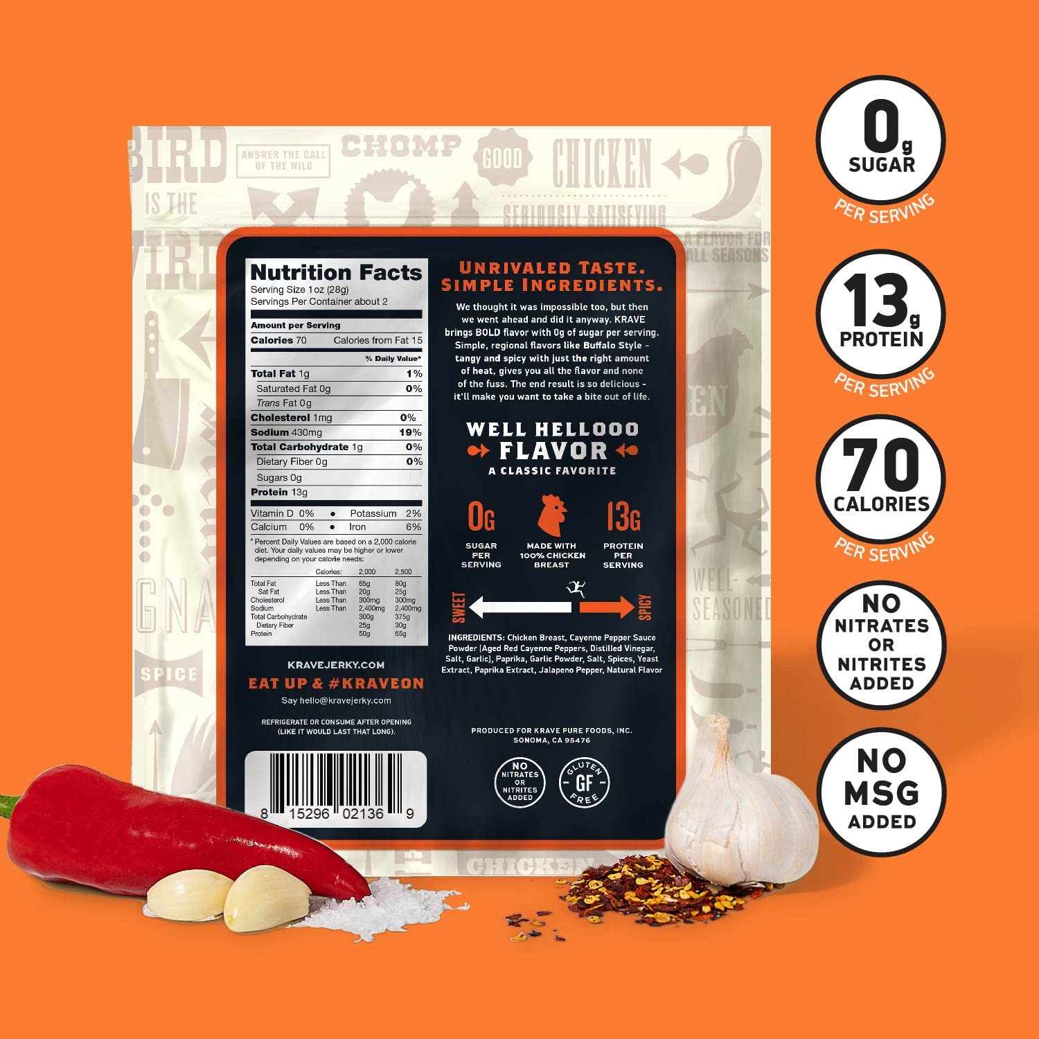 KRAVE Zero Sugar Chicken Jerky, Buffalo - All Natural 100% Chicken Breast - Protein Packed Keto Snacks Roasted for Maximum Flavor - Gluten Free - 2.1 Ounce