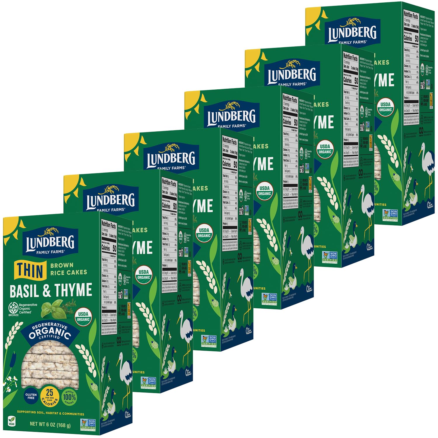 Lundberg Thin Stackers - Rice Cakes, Organic Brown Rice with Sea Salt and Organic Basil & Thyme, Healthy Snacks for Adults, Low-Calorie Snacks, Organic Snacks, Vegan, 6 Oz (Pack of 6)