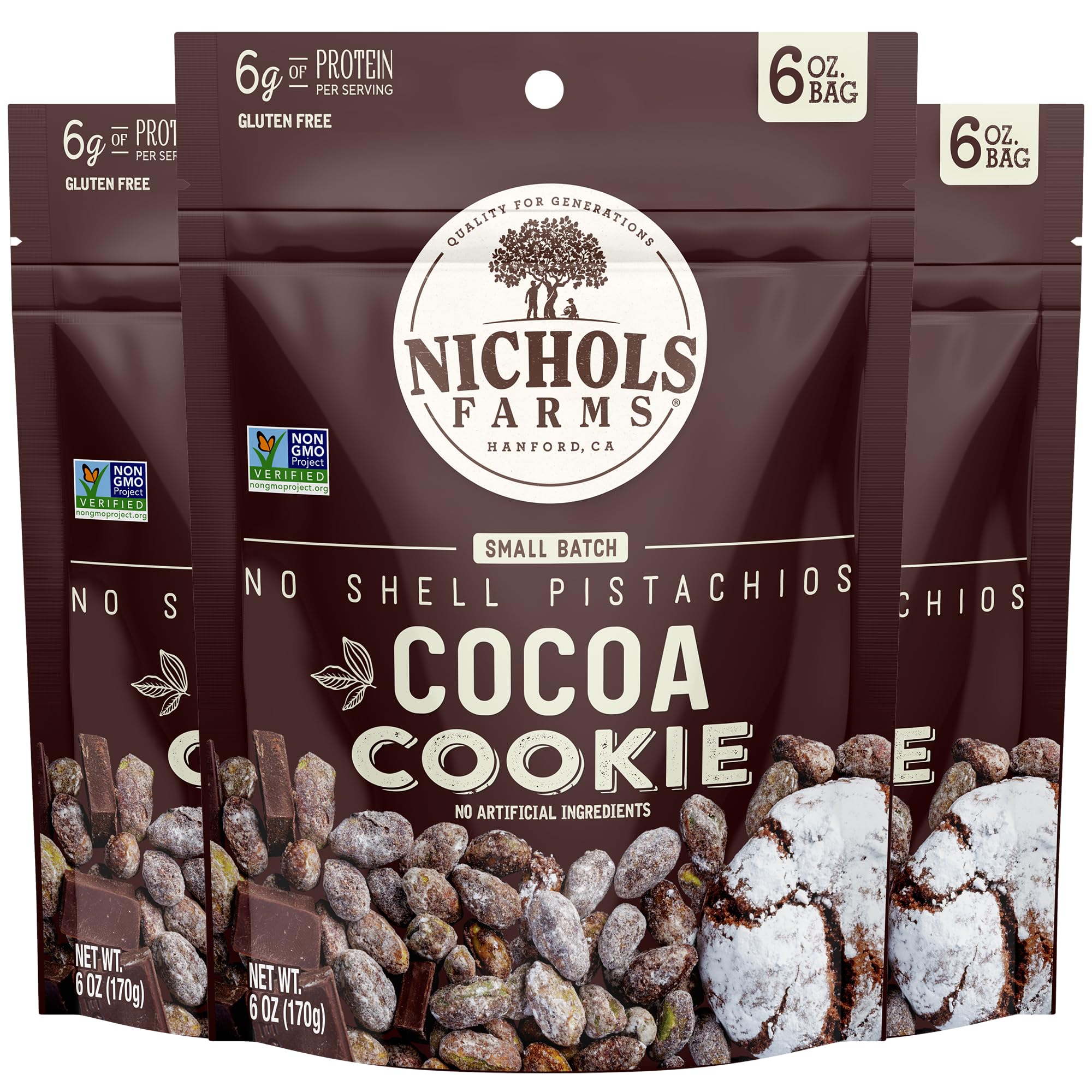 Nichols Farms Pistachios - Fresh and Crispy Roasted No Shell Pistachio - Low Calorie Nuts Snack Packs - Non-GMO, California Grown Nut Pistachios - Healthy, Lightly Salted, Low Cal Party Snack - 6 Oz