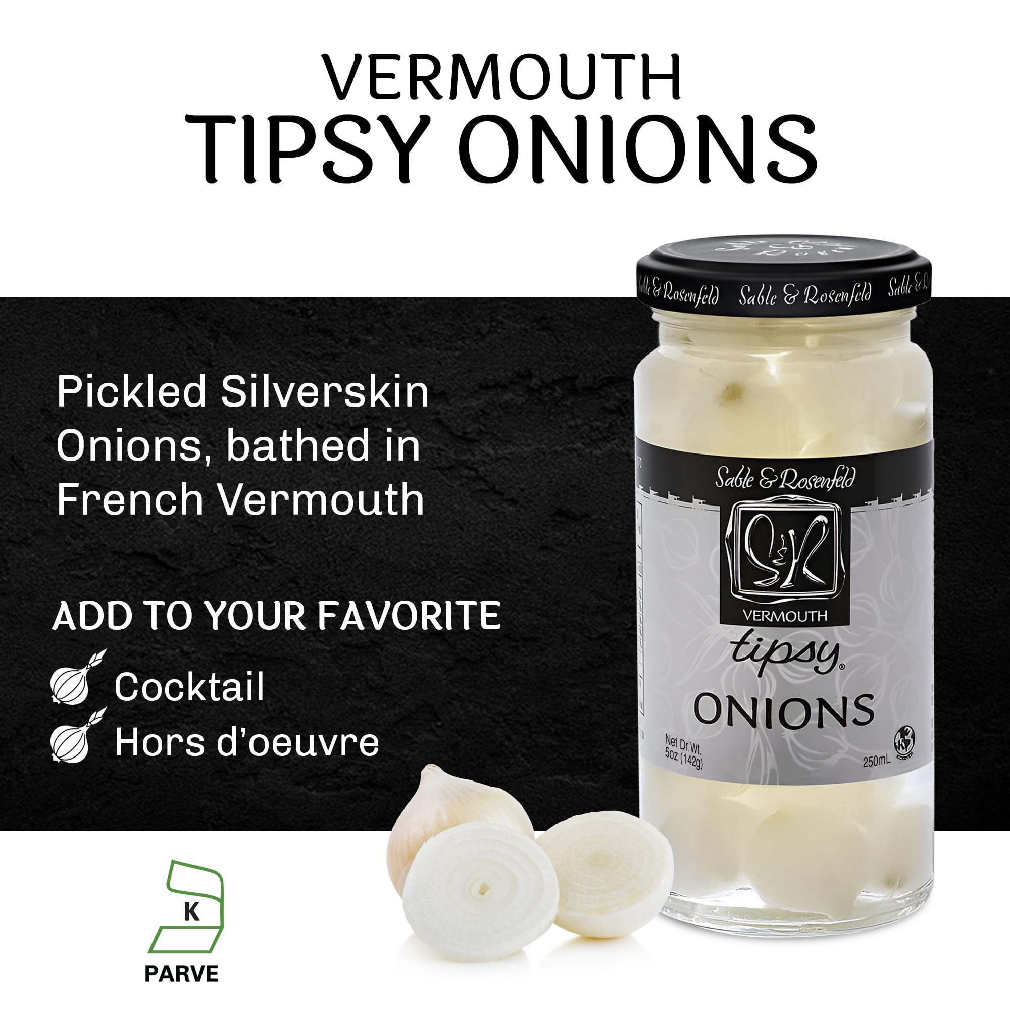 Tipsy Cocktail Onions in Jar with French Vermouth - Pickled Silverskin Onions for Cocktails, Appetizers, and Hors d'Oeuvres, Kosher Parve - Sable & Rosenfeld - 5 oz