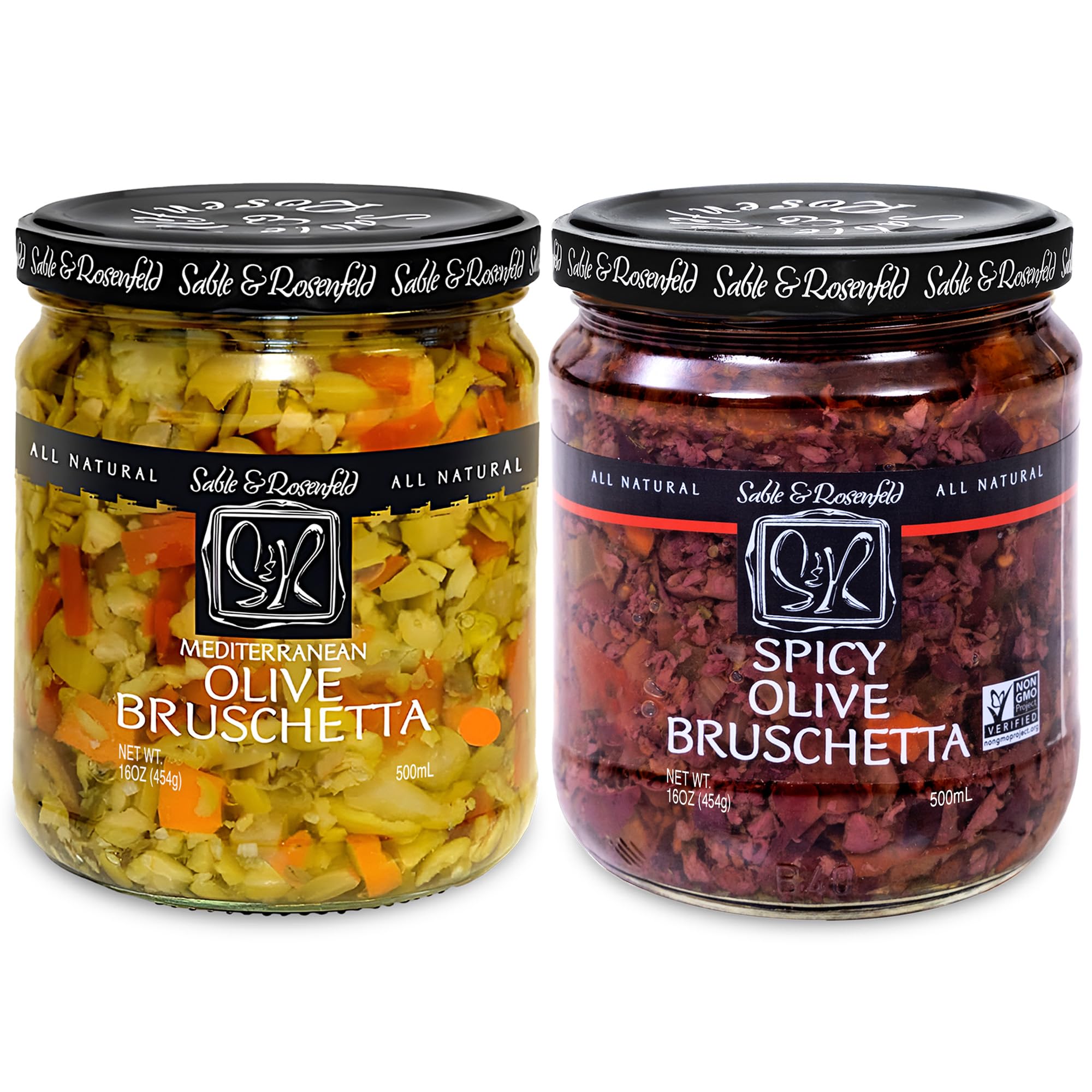 Spicy Olive Bruschetta - Kalamata Sandwich Spread with Peppers and Olive Oil for Muffuletta, Sandwiches, Dips, Crackers, Salads, & Appetizers, Non-GMO - Sable & Rosenfeld - 16 oz