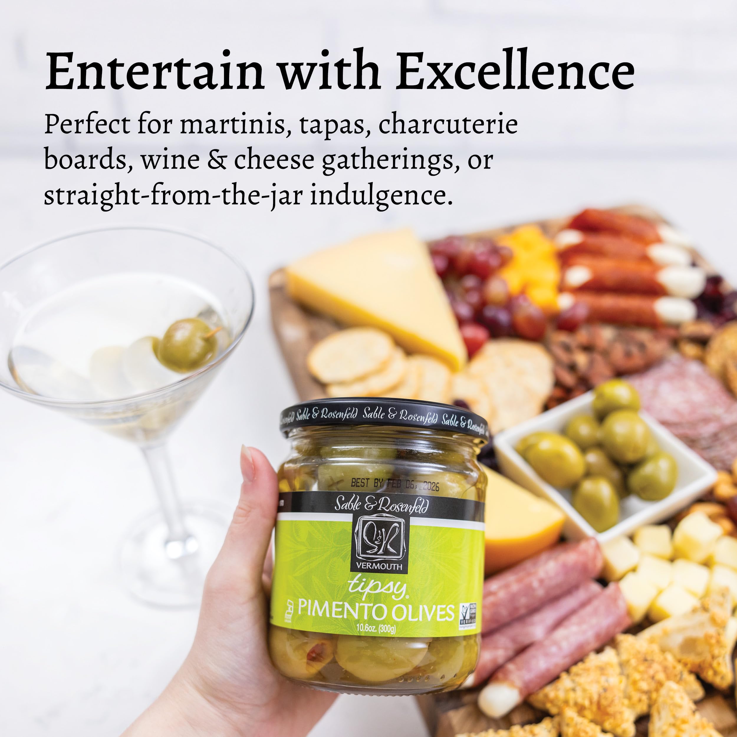 Tipsy Green Olives Stuffed with Pimento - Martini Stuffed Colossal Cocktail Olives with French Vermouth for Bloody Mary Condiments - Sable & Rosenfeld