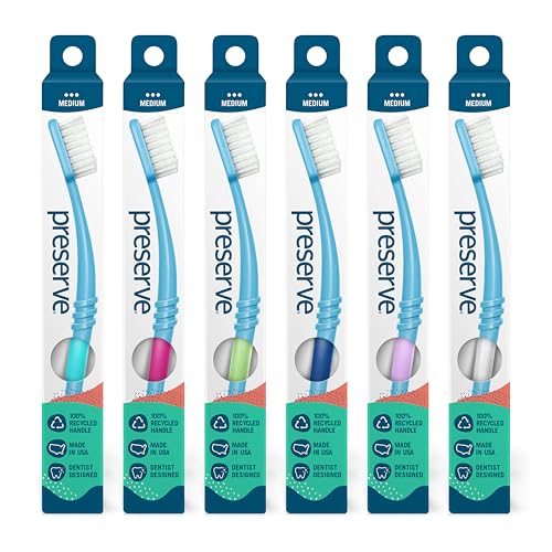 Preserve Eco Friendly Adult Toothbrushes, Made in The USA from Recycled Plastic, Bristles Vary, Colors Vary, 6 Count