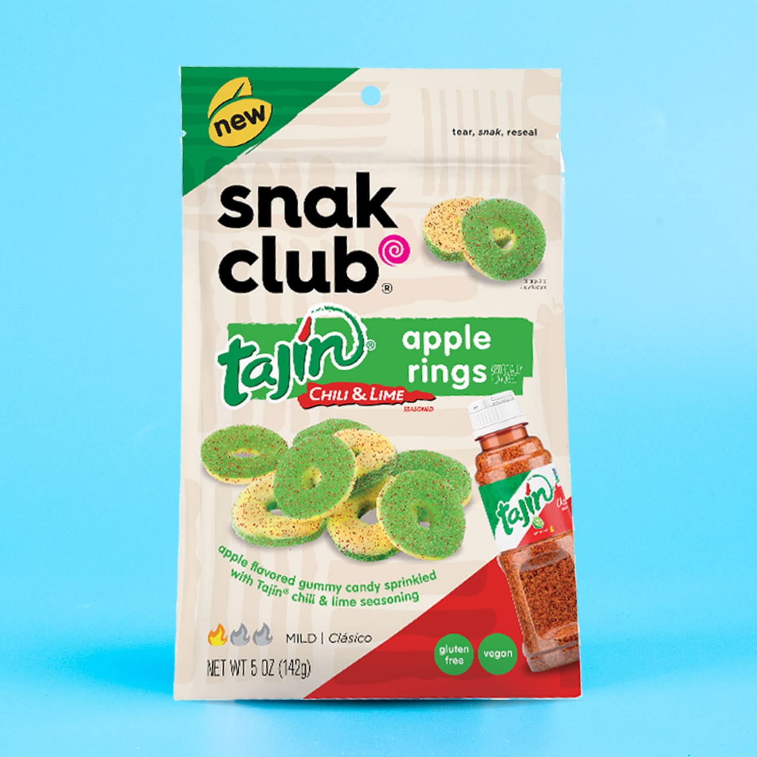Snak Club Tajin Gummy Candy Fruit Rings, Gummies with Chili and Lime Seasoning, Mild Spice, Gluten-Free and Vegan Snacks