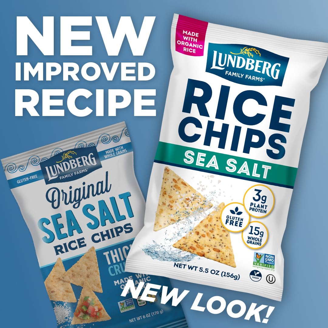 Lundberg Rice Chips, Sea Salt 12-Pack – Plant-Based Snacks Made with Organic California Brown Rice, Pea Protein & Chia Seeds, 5.5 Oz Ea