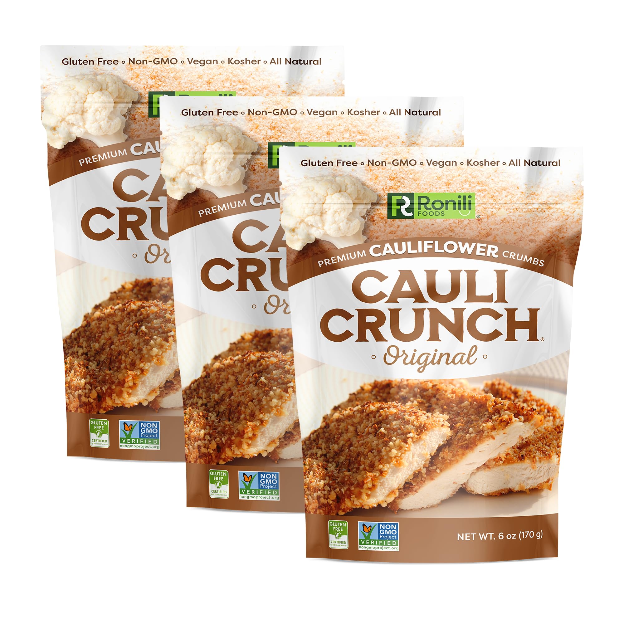 Cauli Crunch | Original Gluten Free Cauliflower Bread Crumbs – Bread-Free Breadcrumbs, Certified Gluten Free + NON-GMO, Vegan, Kosher Bread Crumbs, All Natural, 3-PACK (Original)