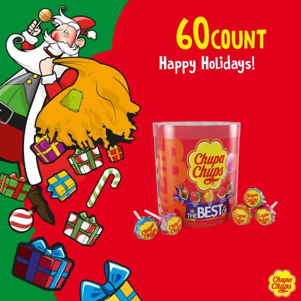Chupa Chups ‘Best Of’ Lollipop Assortment, 5 Flavors, Individually Wrapped Candy for Kids, 25.3 Oz Drum (60 Suckers)