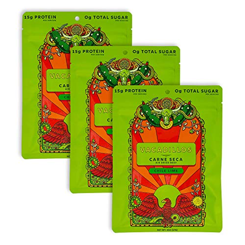 Vacadillos Beef Jerky Snack Packs Carne Seca, Chile Lime 3-Pack