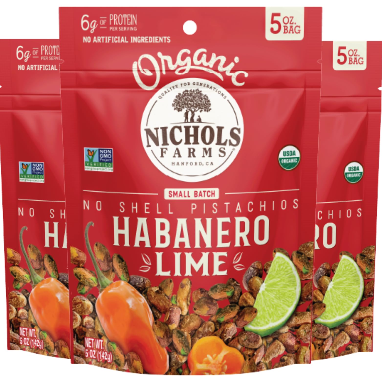 Nichols Farms Pistachios - Fresh and Crispy Roasted No Shell Pistachio - Low Calorie Nuts Snack Packs - Non-GMO, California Grown Nut Pistachios - Healthy, Lightly Salted, Low Cal Party Snack - 6 Oz