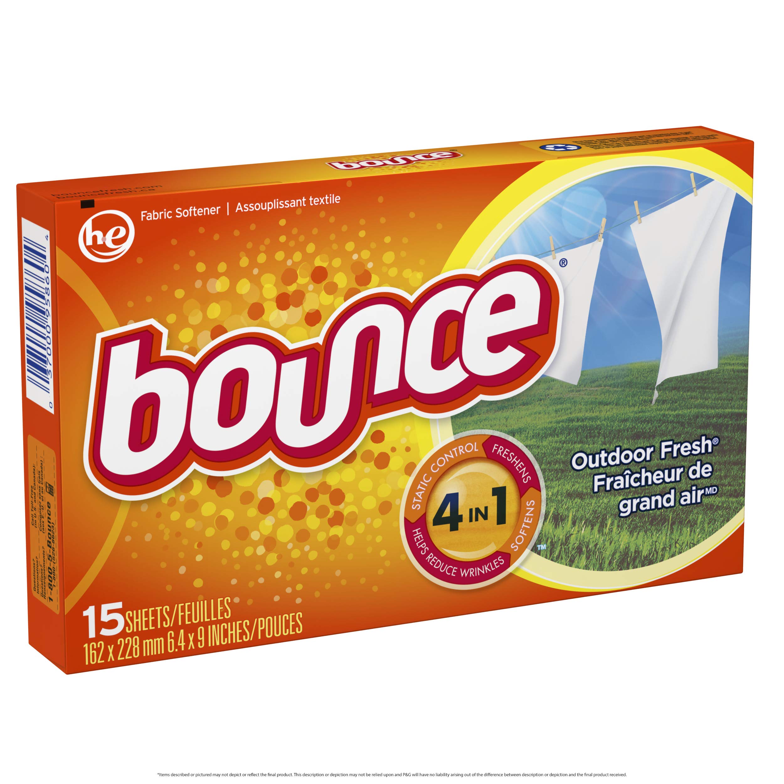 Bounce Fabric Softener Dryer Sheets, Outdoor Fresh, 15 Count
