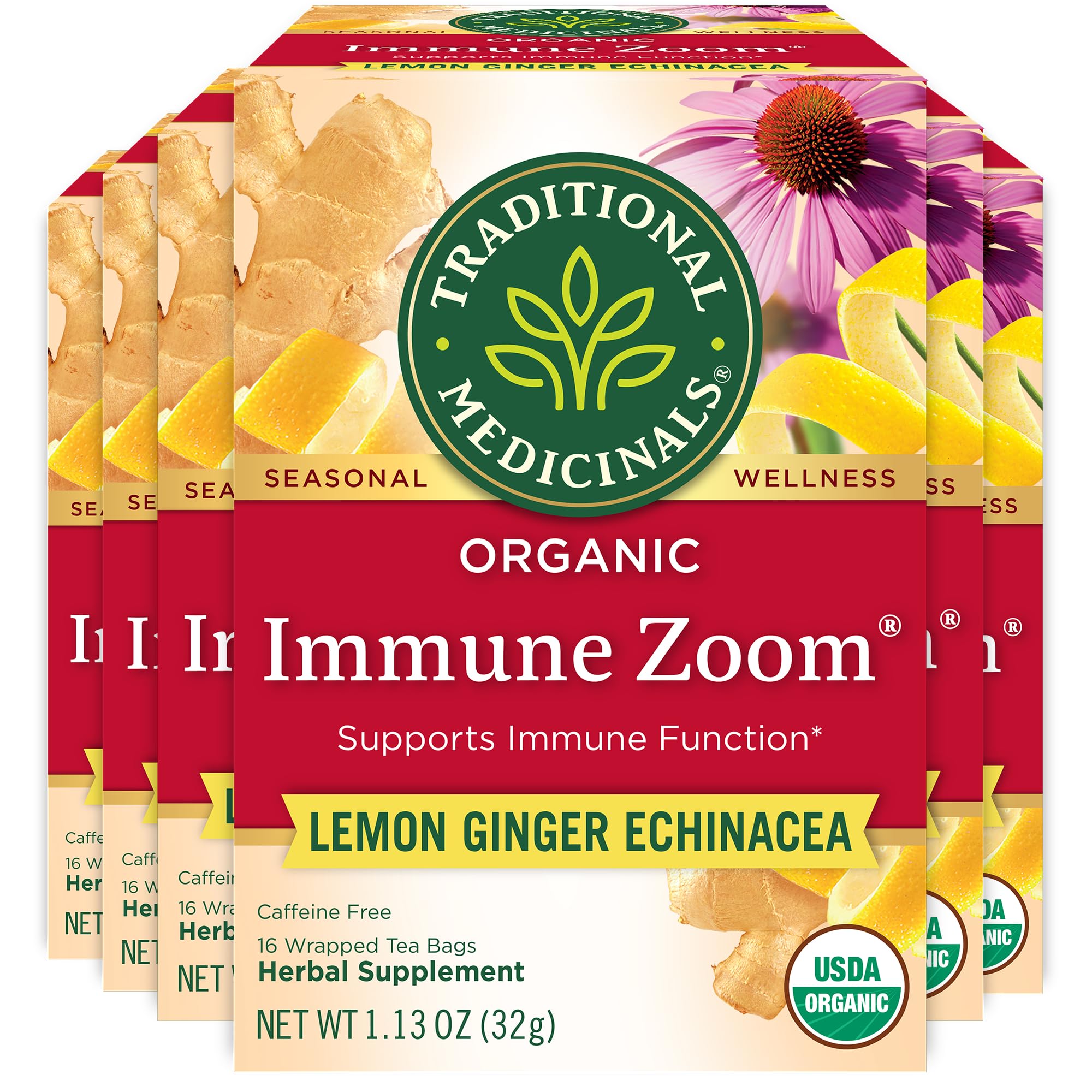 Traditional Medicinals Tea, Organic Immune Zoom Lemon Ginger - Supports Immune Function - Kosher, Non-GMO, Caffeine-Free, Compostable - 96 Tea Bags (6 Pack)