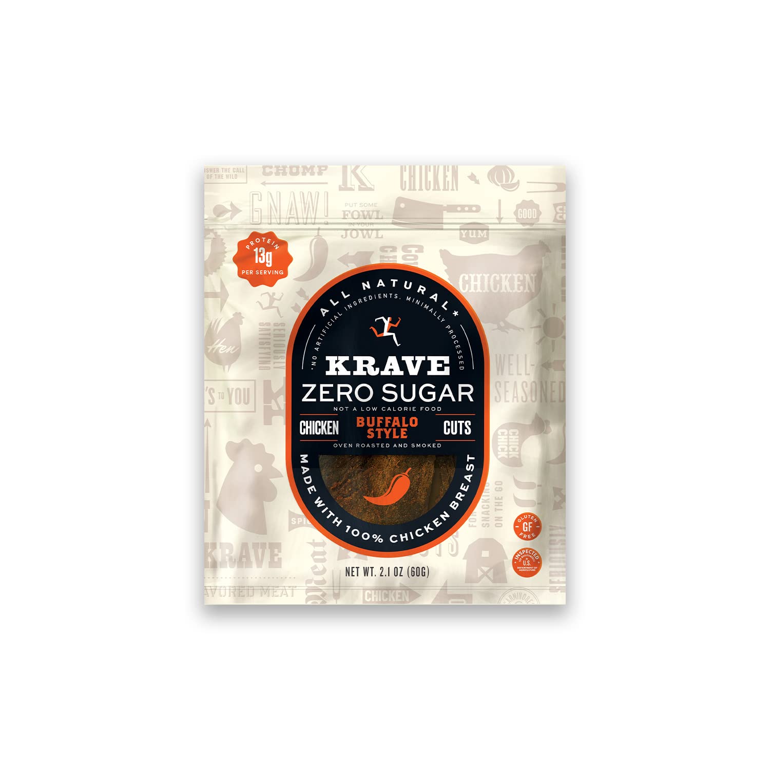 KRAVE Zero Sugar Chicken Jerky, Buffalo - All Natural 100% Chicken Breast - Protein Packed Keto Snacks Roasted for Maximum Flavor - Gluten Free - 2.1 Ounce