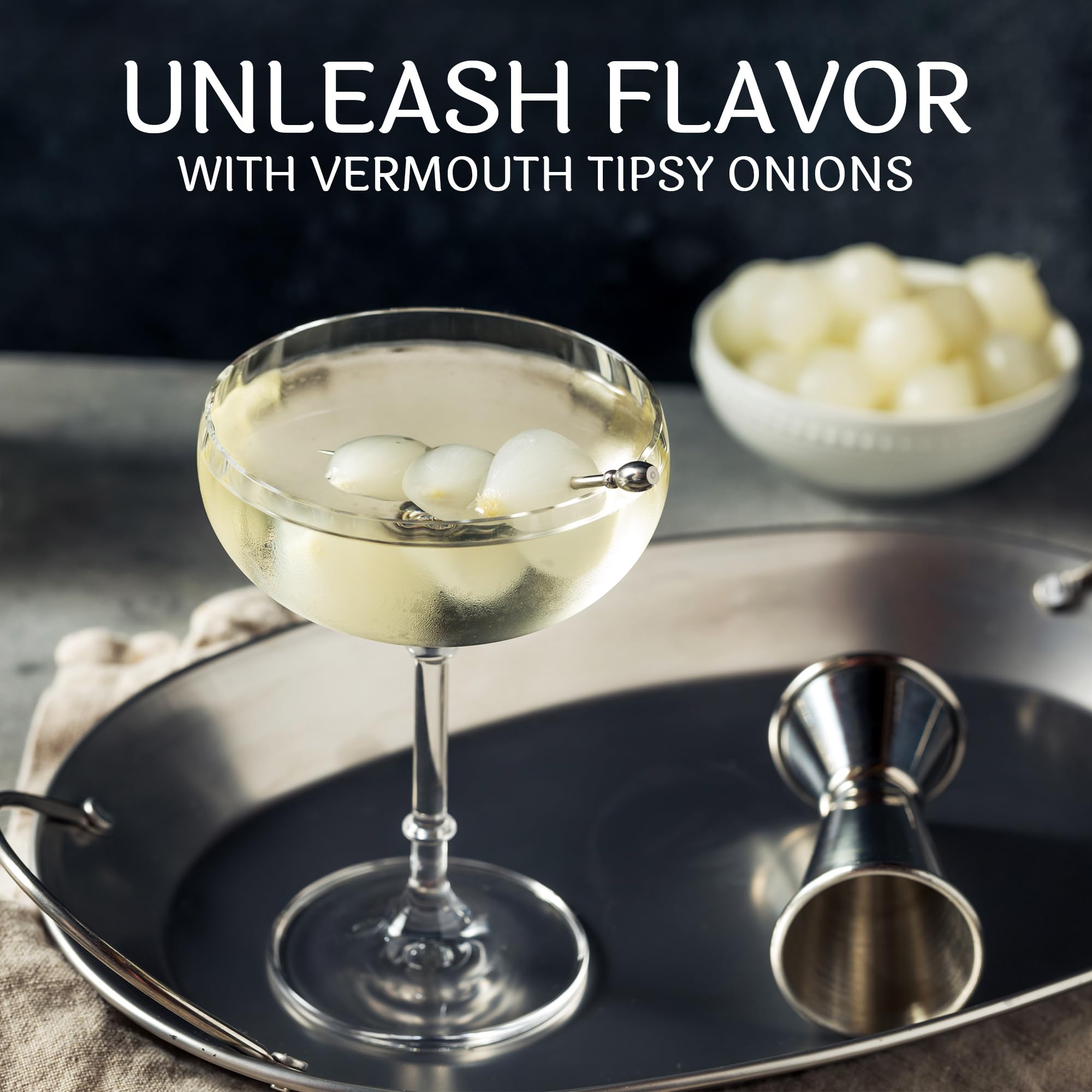Tipsy Cocktail Onions in Jar with French Vermouth - Pickled Silverskin Onions for Cocktails, Appetizers, and Hors d'Oeuvres, Kosher Parve - Sable & Rosenfeld - 5 oz